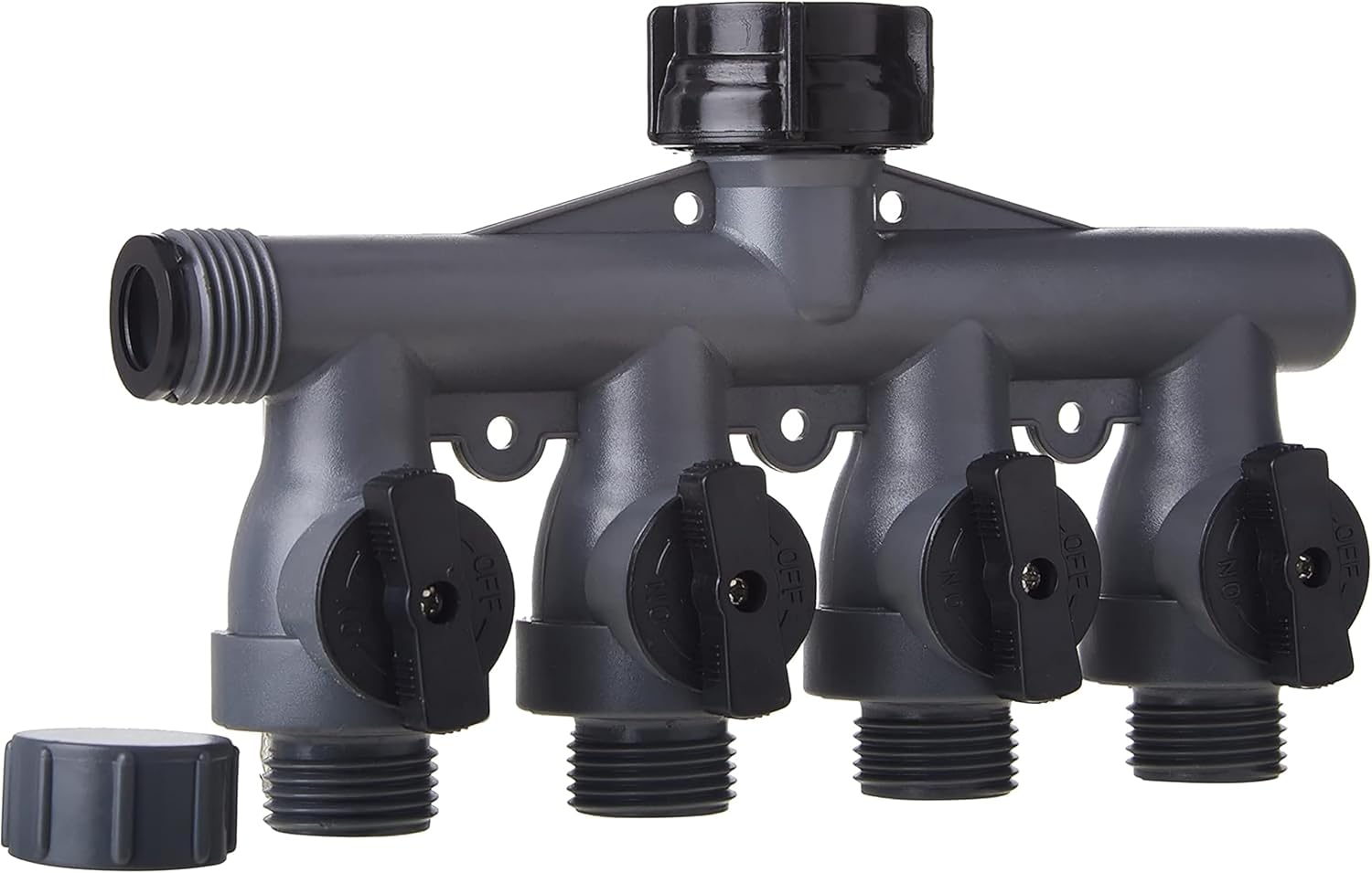 Gilmour Heavy Duty 4 Way Garden Hose Splitter, Quad Water Hose Splitter with Shut Off Valve, Polymer Water Manifold | Quad Water Manifold, Full Flow