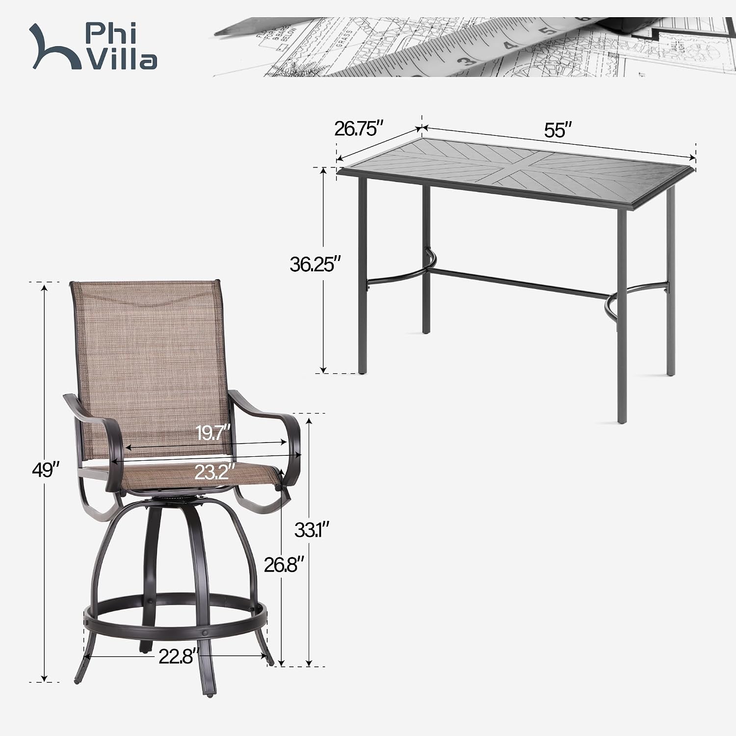 PHI VILLA Outdoor Bar Set 3 PCS Patio Bistro Table & Swivel Stools