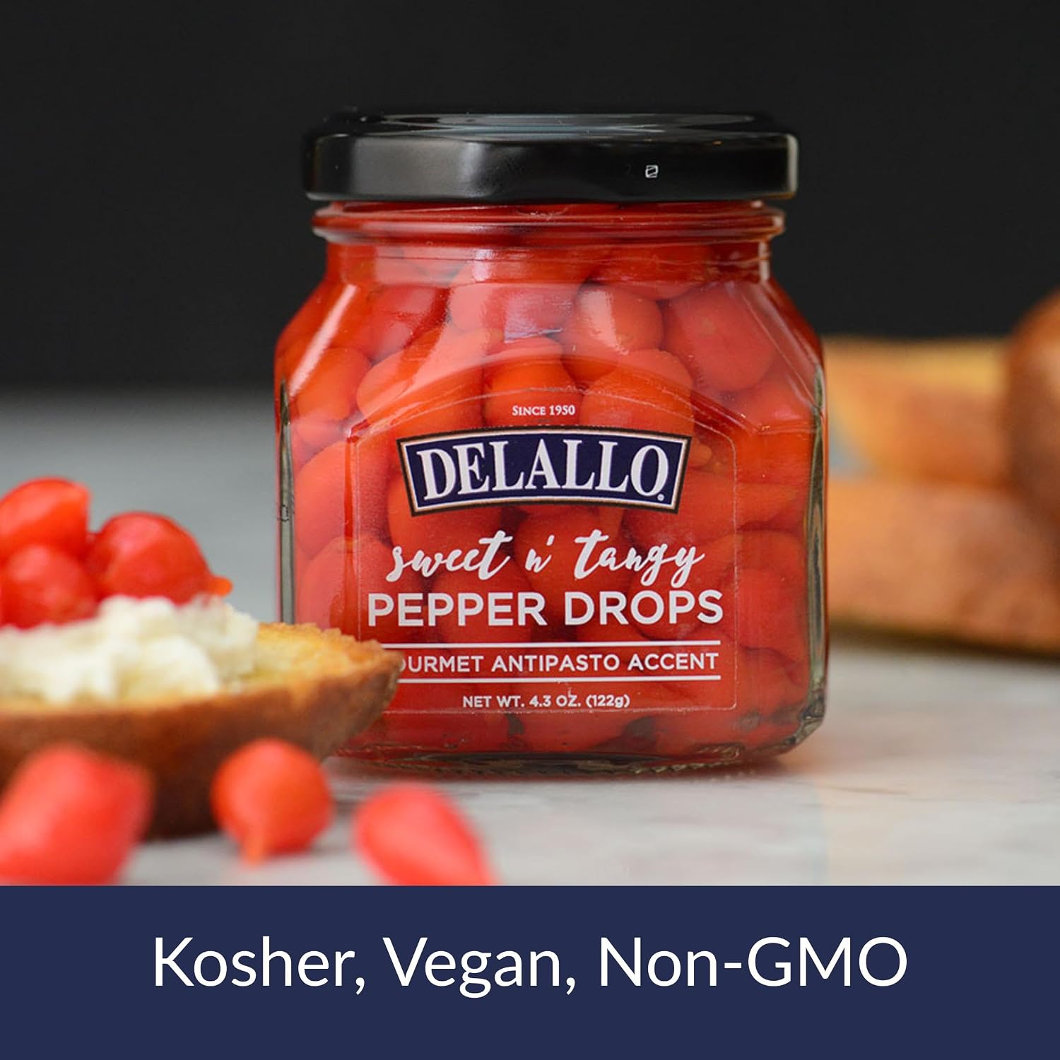 DeLallo Sweet & Tangy Pepper Drops, Red Peruvian Mini Peppers in Zesty Vinegar Marinade, Gourmet Condiment for Charcuterie and Salads, Non-GMO, Vegan