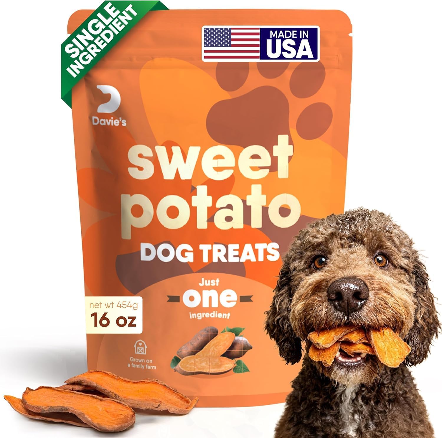 Davie's Sweet Potato Dog Treats - Natural Dog Chews, 1 lb.