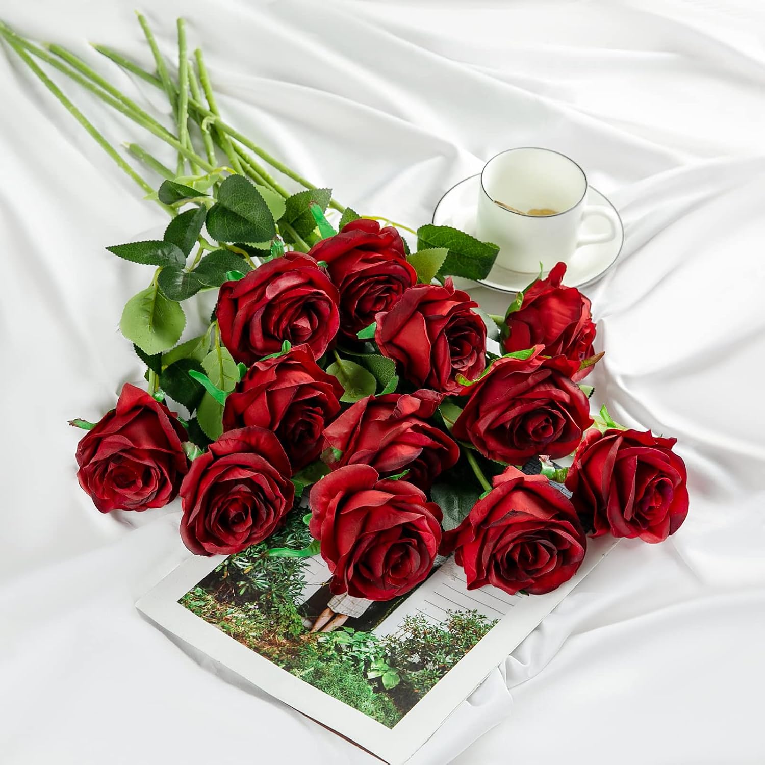 Hawesome 12PCS Artificial Silk Flowers Realistic Roses Bouquet Long Stem for Home Wedding Decoration Party (Yellow, 6 Flowers 6 Buds)