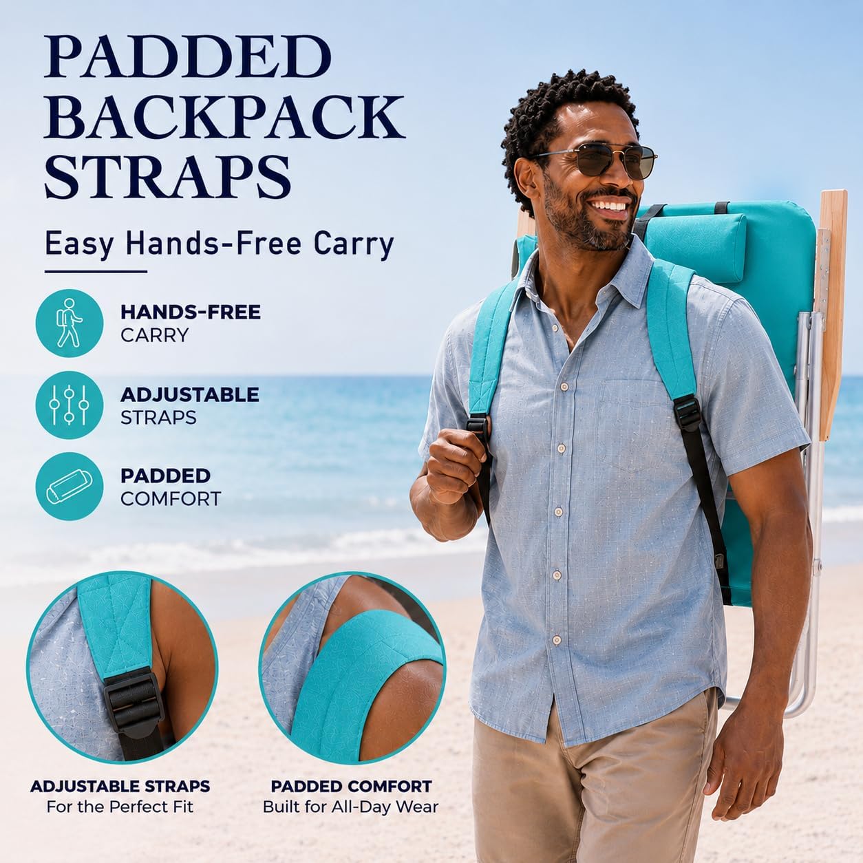 CARIBBEAN JOE Folding Beach Chair, 4 Position Portable Backpack Foldable Camping Chair with Headrest, Cup Holder, and Wooden Armrests