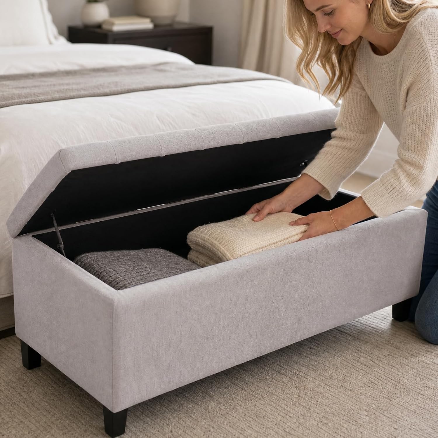 Madison Park 49" Upholstered Storage Bench, Button Tufted End of Bed Bench with Storage, Dual Spring Soft-Close Lid, Bedroom Bench for Queen King Bed, Entryway Living Room, Grey