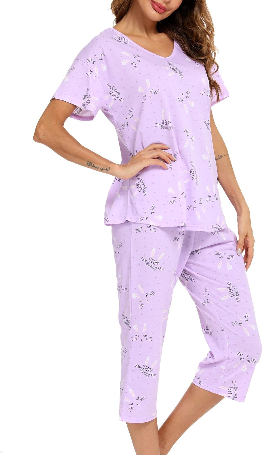 ENJOYNIGHT Womens Pajama Set Cotton Summer Pj Top with Capri Pant Sleepwear