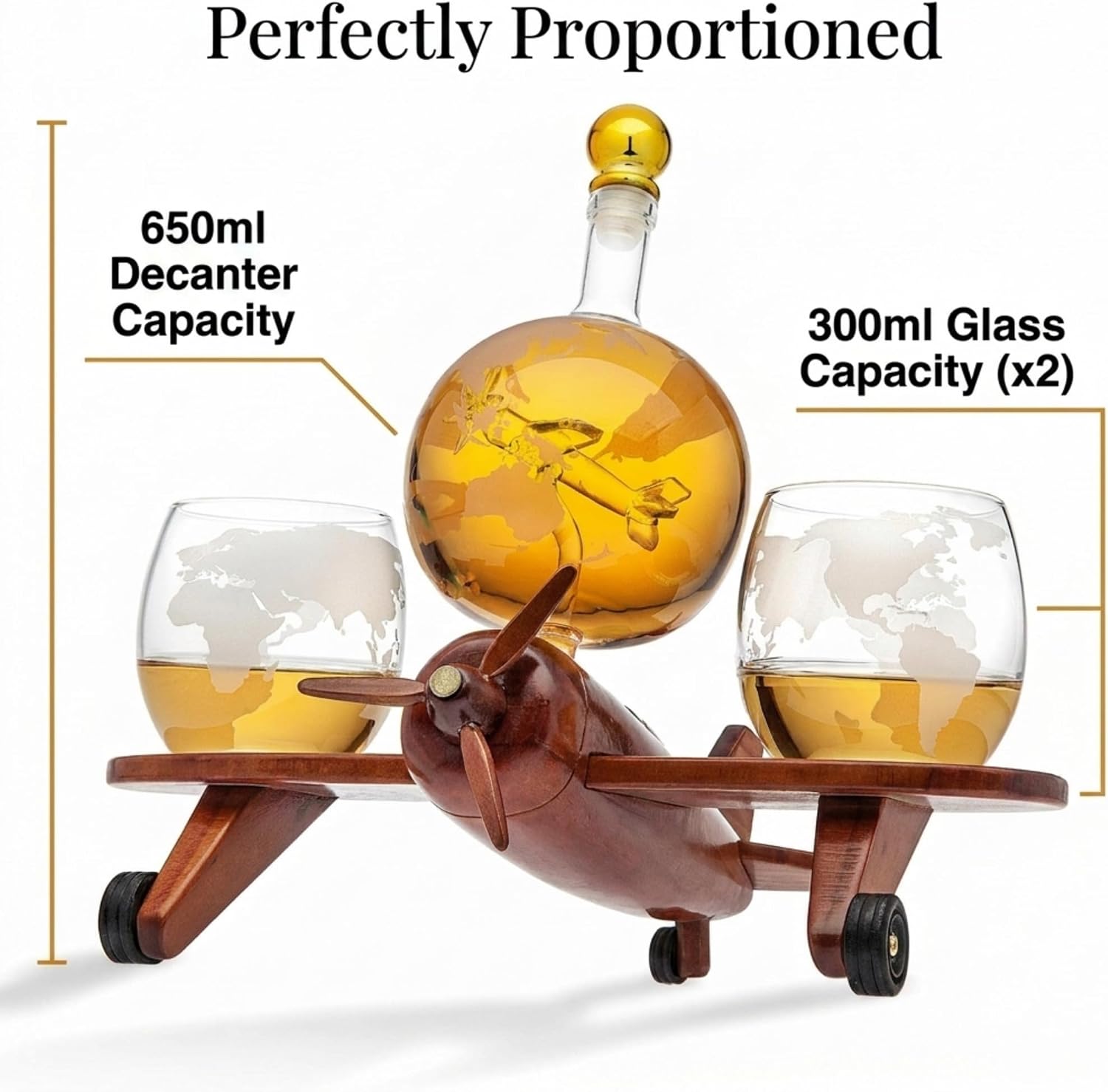 Godinger Whiskey Decanter Airplane Globe Set with 2 World Whiskey Glasses - for Liquor Scotch Bourbon Vodka