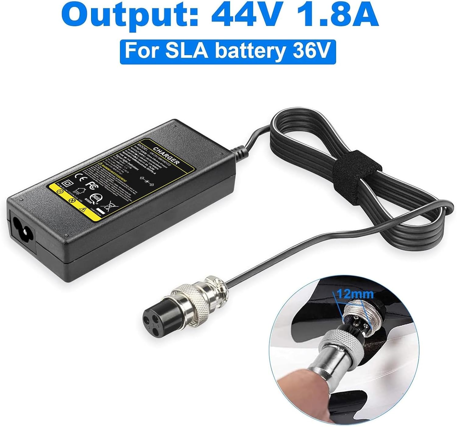 36V 1.8A Female 3-Pin XLR Lead Acid Battery Charger with 3-Prong Inline Power Supply Cord for 36V Boreem Jia, Minimoto, Rad2Go, Electric Scooter, ATV