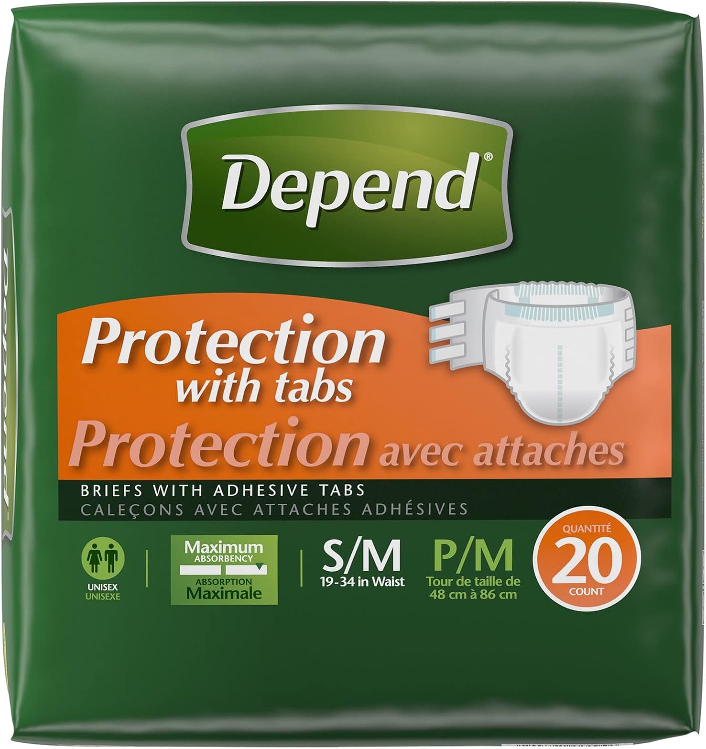 Depend Adult Diapers with Tabs, Incontinence Protection with Tabs, Unisex, Small/Medium (19–34" Waist, Up To 170 lbs), Maximum Absorbency, 60 Count (3 Packs of 20)