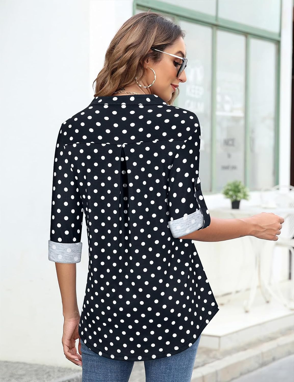 Tanst Sky Womens Casual Long Sleeve Zipped V Neck Plaid Tunic Blouses