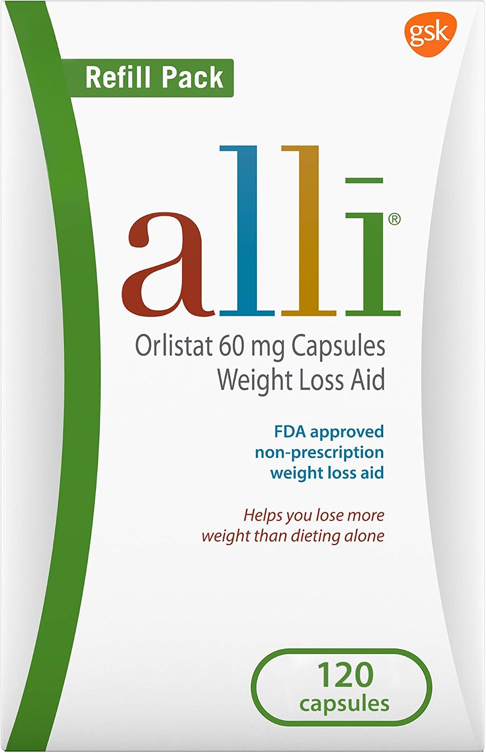 alli Weight Loss Diet Pills, Orlistat 60 mg Capsules, Non Prescription Weight Loss Aid, 120 Count Refill Pack (46925)