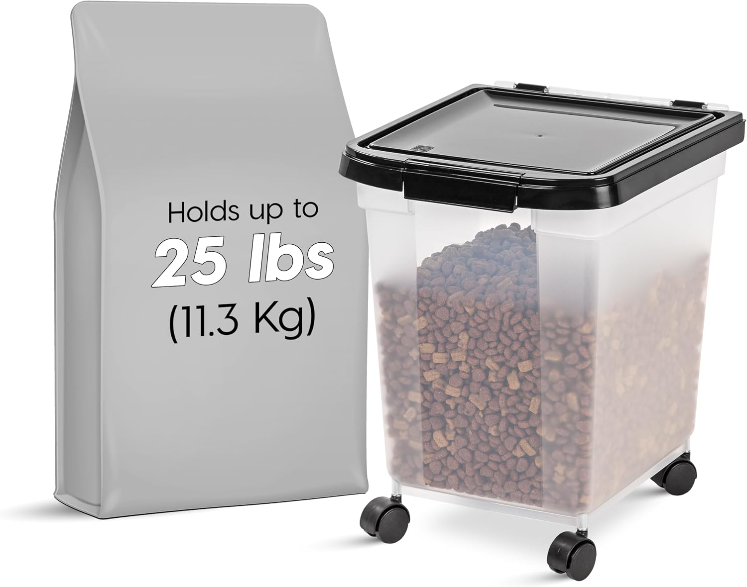 IRIS USA Dog Food Storage Container, Up to 25 lbs, Black, Made in USA | Wheels for Mobility, Airtight Seal, BPA-Free, Best for Bird Seed, Cat food, Cat Litter, Chicken Feed, Pellets