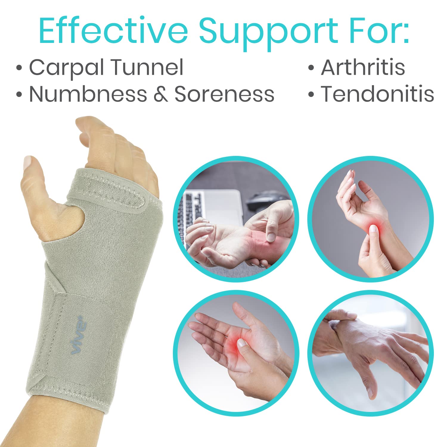 Vive Wrist Brace - Carpal Tunnel Hand Compression Support Wrap for Men | Women, Tendinitis, Bowling, Sports Injuries Pain Relief - Removable Splint - Universal Ergonomic Fit (Black, Right)