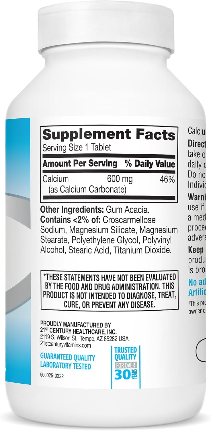 21st Century Calcium 600mg Tablets, Bone Strength Support, 75 Count | Calcium Carbonate 600 mg, Compare VS. Caltrate® 600, Bone Strength & Density Support, Vegan-Friendly, Non-GMO, Gluten Free