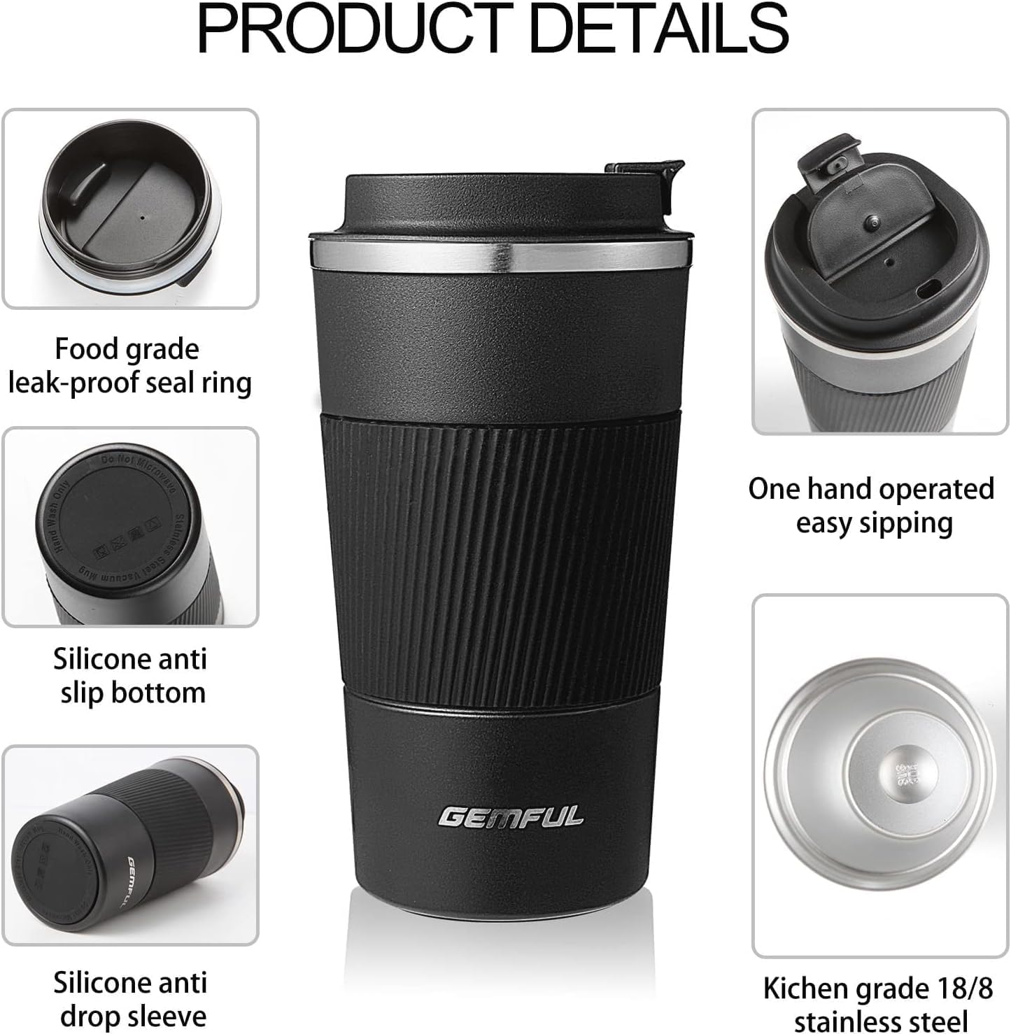 GEMFUL 2 Pack 17oz Insulated Travel Coffee Mug with Lid (Black/White)