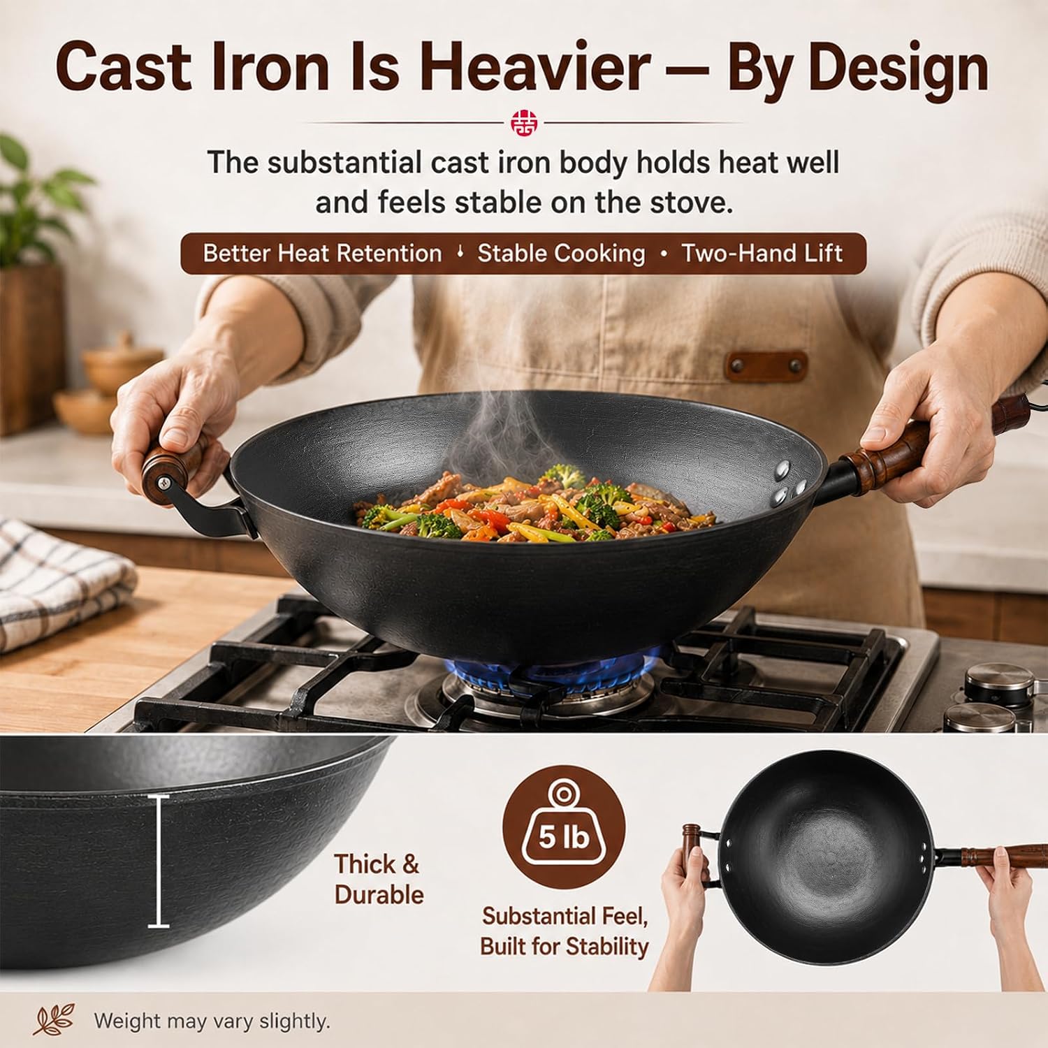 WANGYUANJI 12.6 Inch Cast Iron Wok with Wooden Lid, Handcrafted Flat Bottom Chinese Stir Fry Pan, Uncoated Heavy-Duty Iron Wok for Induction, Gas
