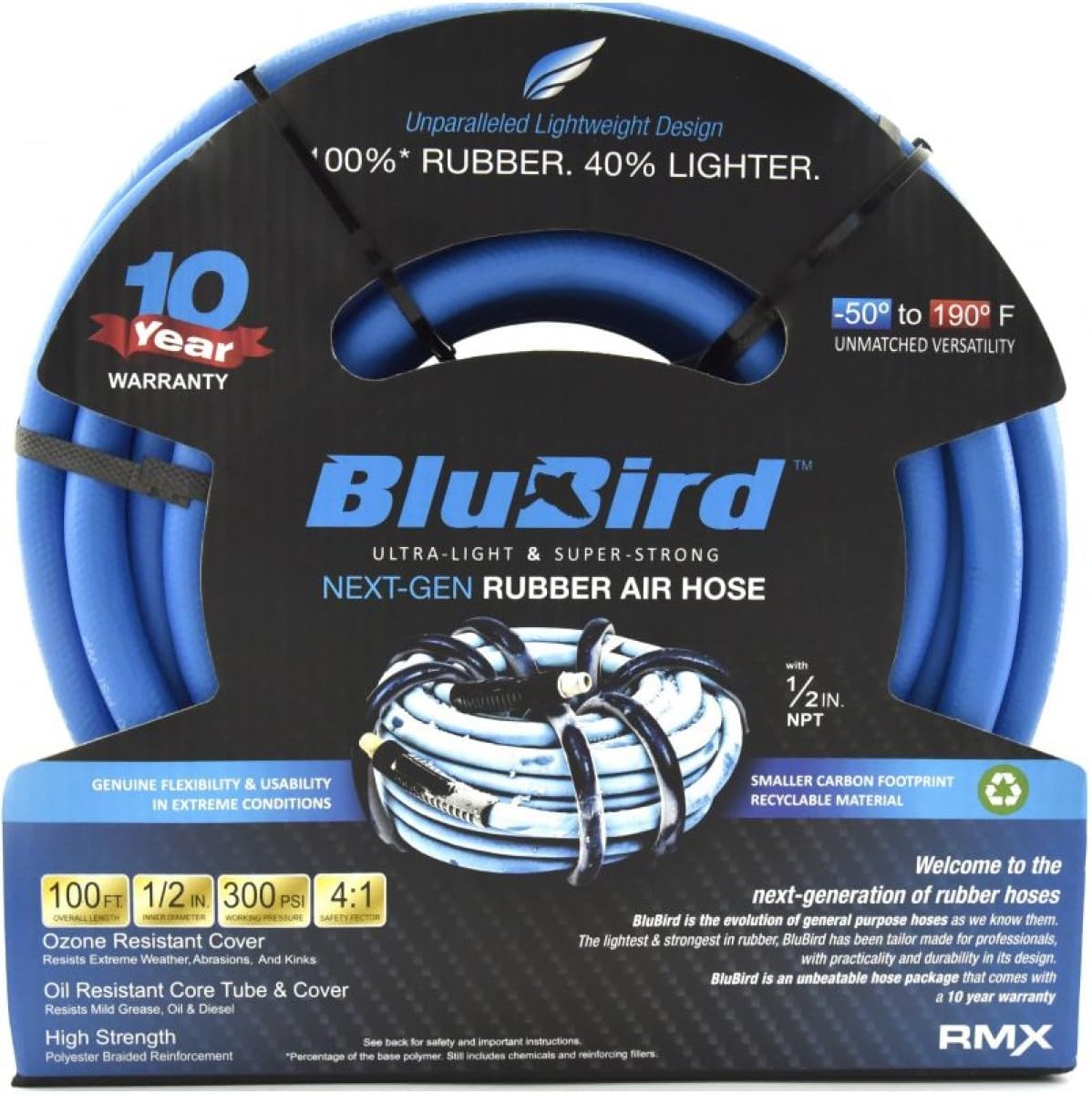 BLUBIRD BB1250 1/2" x 50' Rubber Air Hose, 100% Rubber, Lightest, Strongest, Most Flexible, 300 PSI, 50F to 190F Degrees, Ozone Resistant, High Strength Polyester Braided