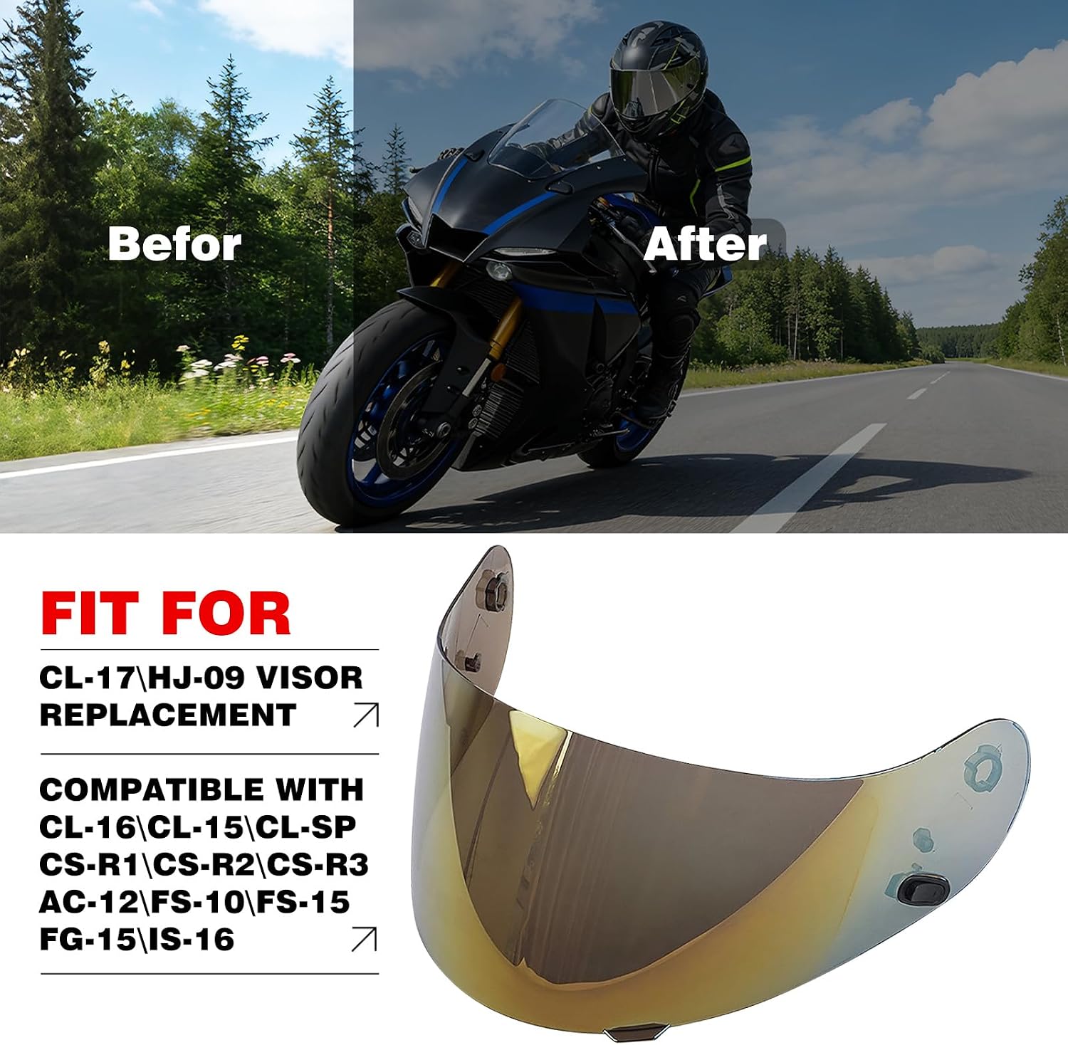 VCOROS Motorcycle Helmet Face Shield Visor Repalcement for HJ-09 CL-15 CL-17 CL-16 CL-SP AC-12 FS-10 CS-R1 IS-16 CS-R2 Shield (Smoke)