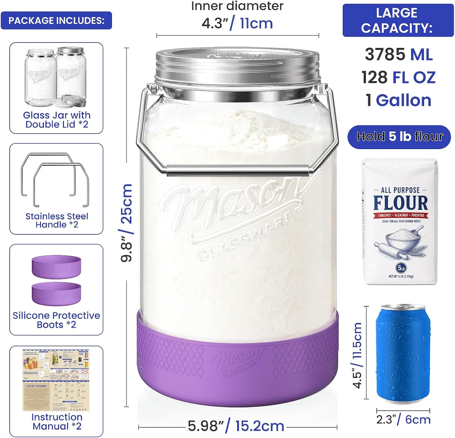 1 Gallon Glass Jars with Lids, 2 Pack Wide Mouth Mason Jars, 138 oz