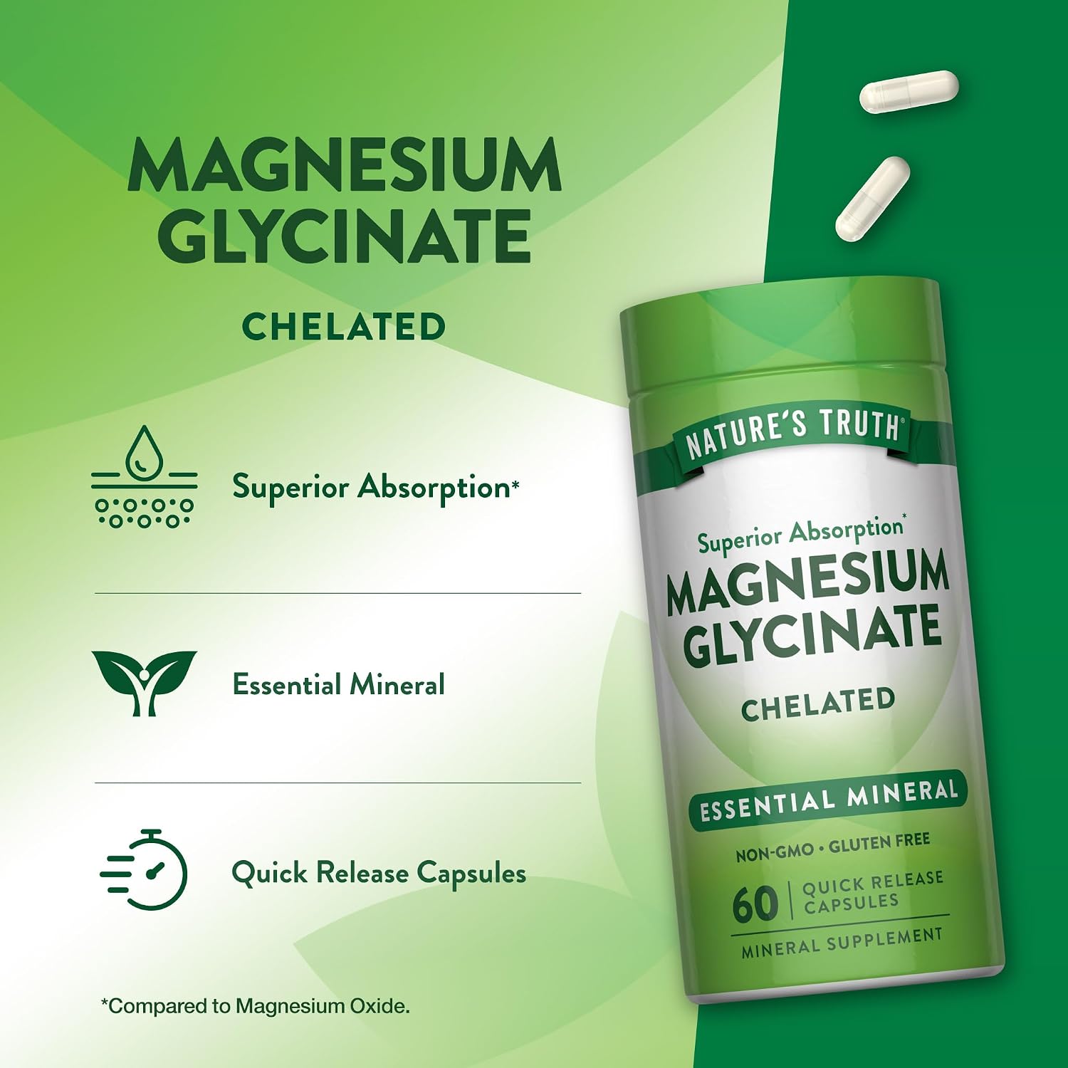 Nature's Truth Magnesium Glycinate Capsules | 200mg | 60 Count | Chelated Superior Absorption Formula | Non-GMO & Gluten Free Supplement