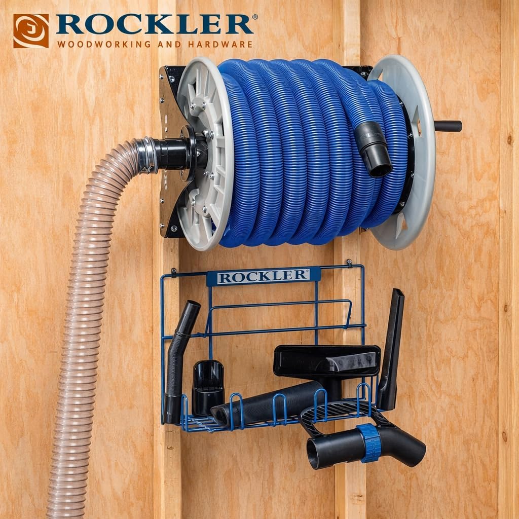 Rockler Wall Mount Vacuum Hose Reel Holds 40 ft 1-1/2 Inch Hose | Vacuum Hose Reel – Organized Hose Storage – Wall Mount Reel – Holds 40 ft