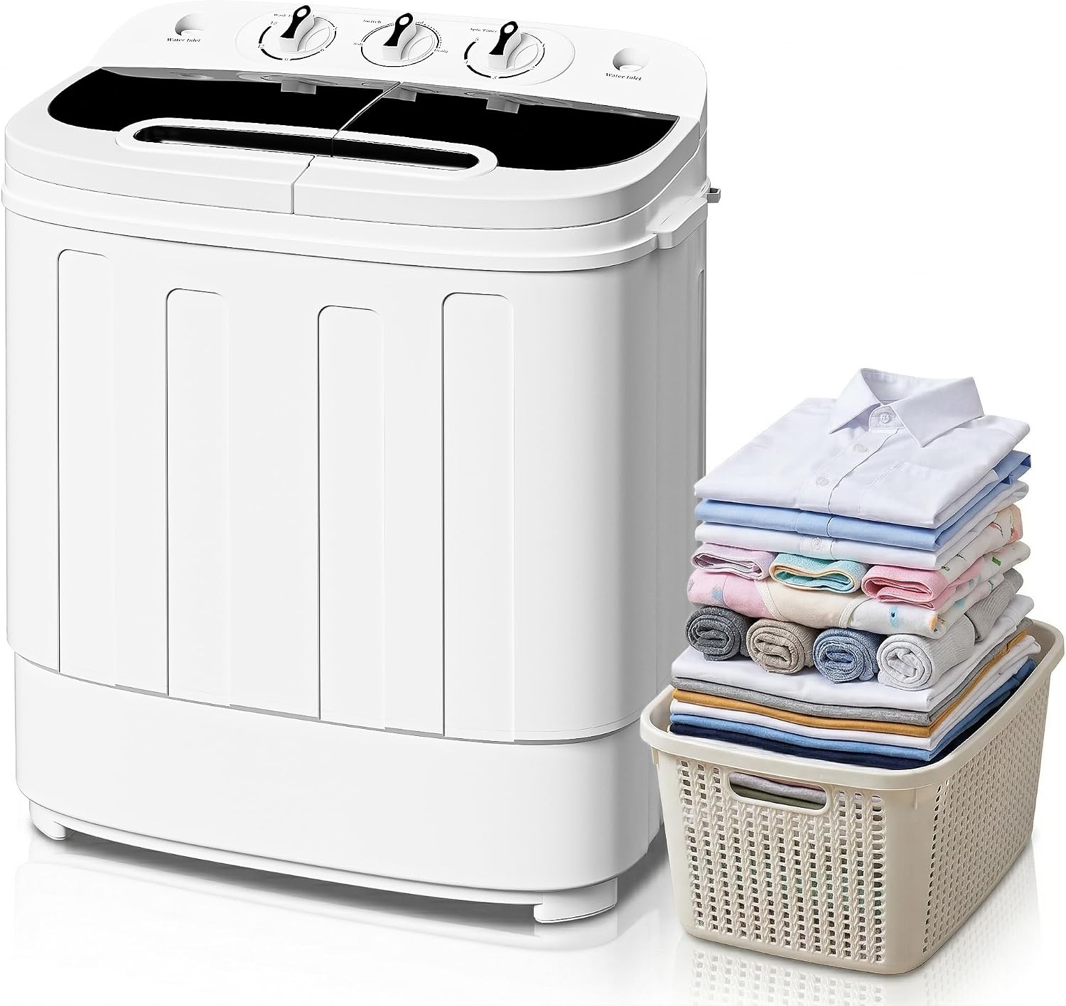 SUPER DEAL Compact Mini Twin Tub Washing Machine 13lbs Capacity Portable Washer Wash and Spin Cycle Combo, Built-in Gravity Drain for Camping