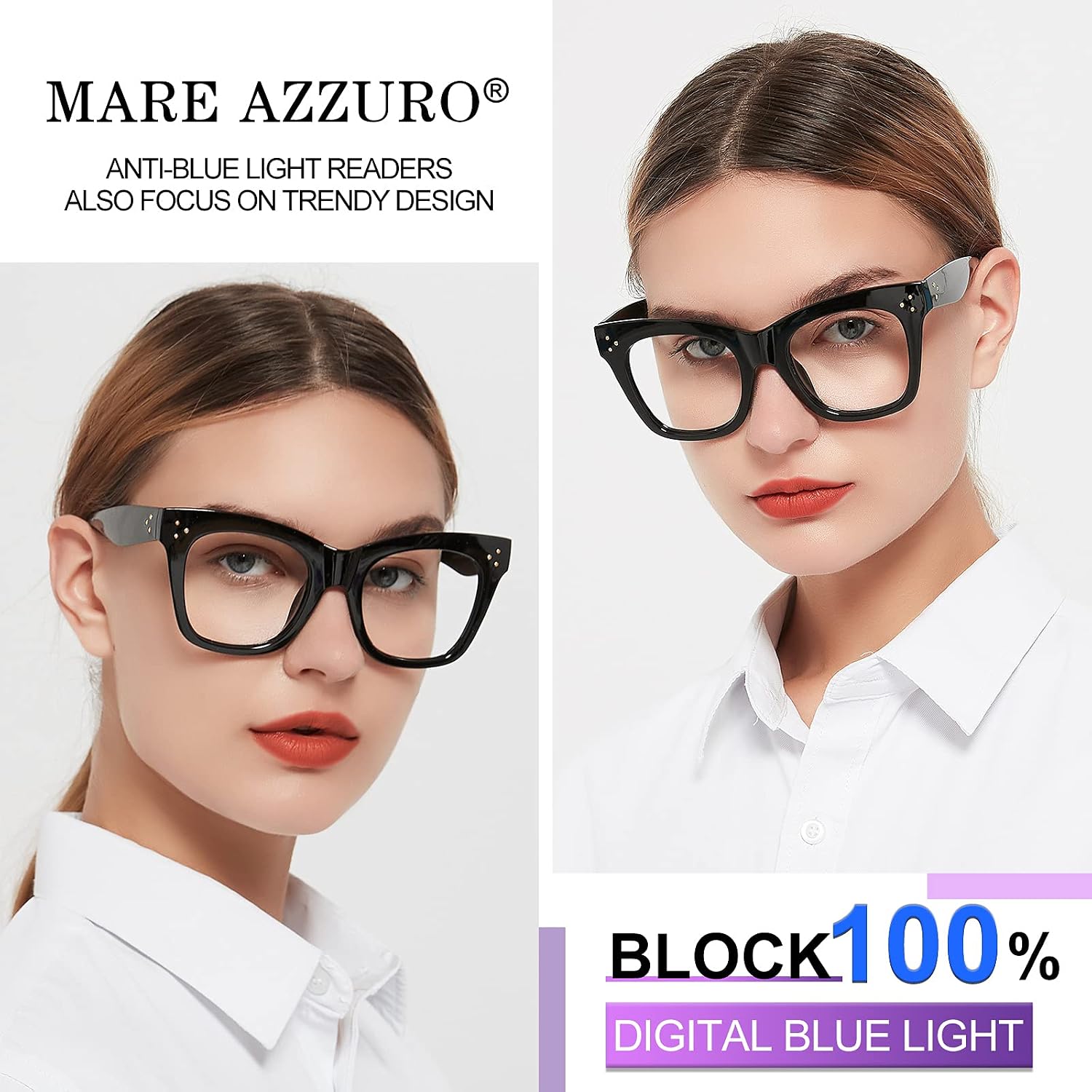 MARE AZZURO Oversized Reading Glasses Women Trendy Large Readers 0 1.0 1.25 1.5 1.75 2.0 2.25 2.5 2.75 3.0 3.5 4.0 5.0 6.0 (Black, 250)