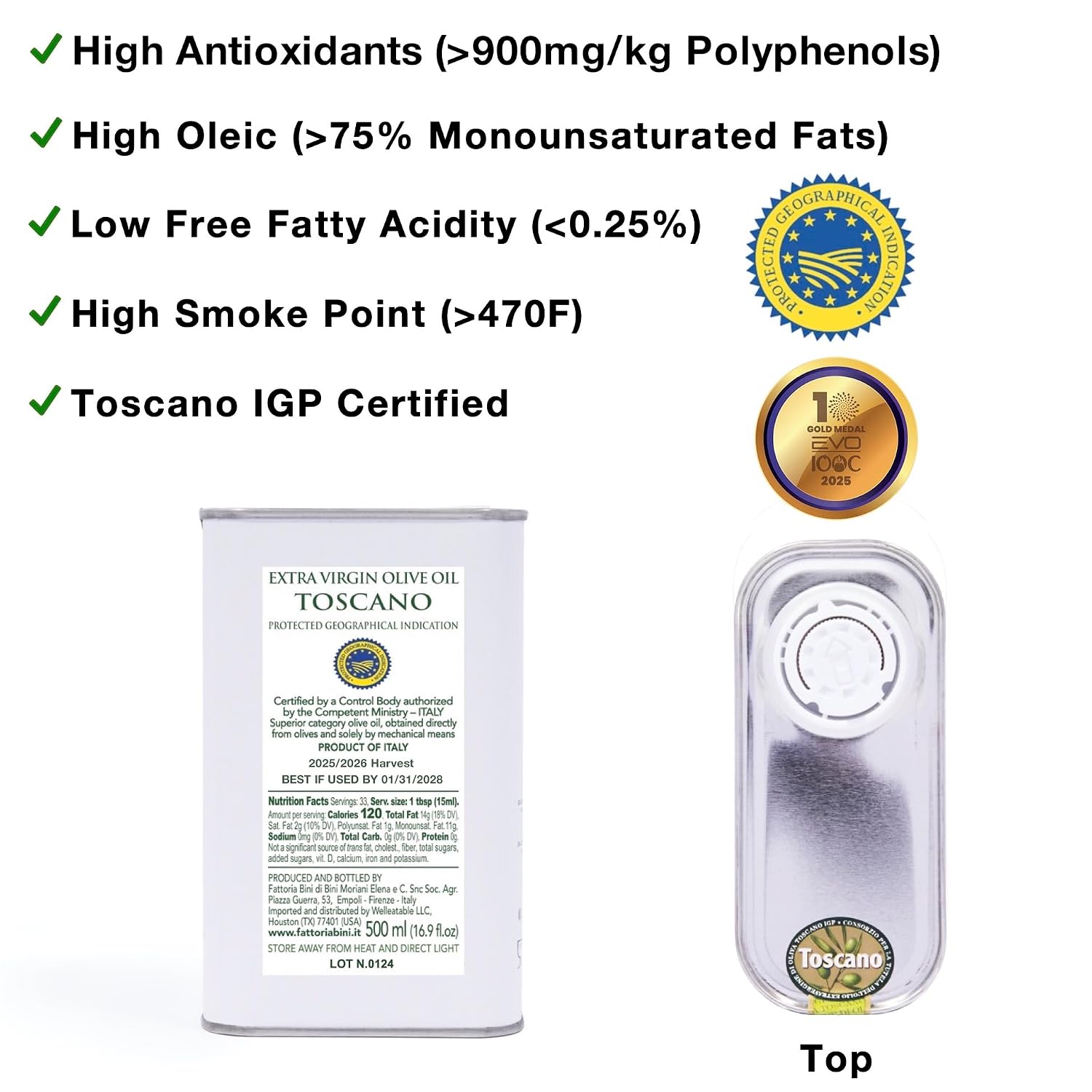 Fattoria Bini Tuscany Extra Virgin Olive Oil from Italy – 2025 Gold Award Winner, 900+ mg/kg Polyphenol-Rich Cold-Pressed evoo – No pesticides