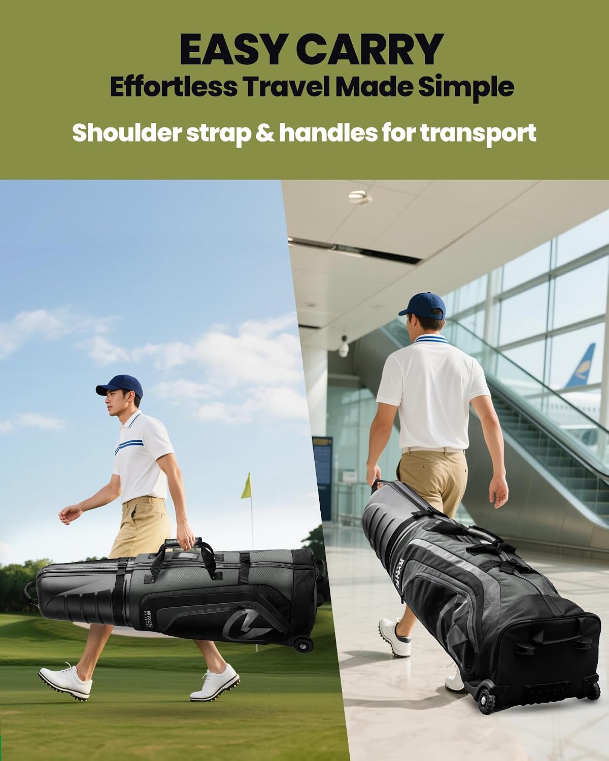 OutdoorMaster Golf Travel Bags for Airlines with Wheels and Hard Case Top | Protect Golf Clubs, 1680D Nylon Waterproof Fabric, Compact Folding, Accessories Compartment, Easy to Maneuver