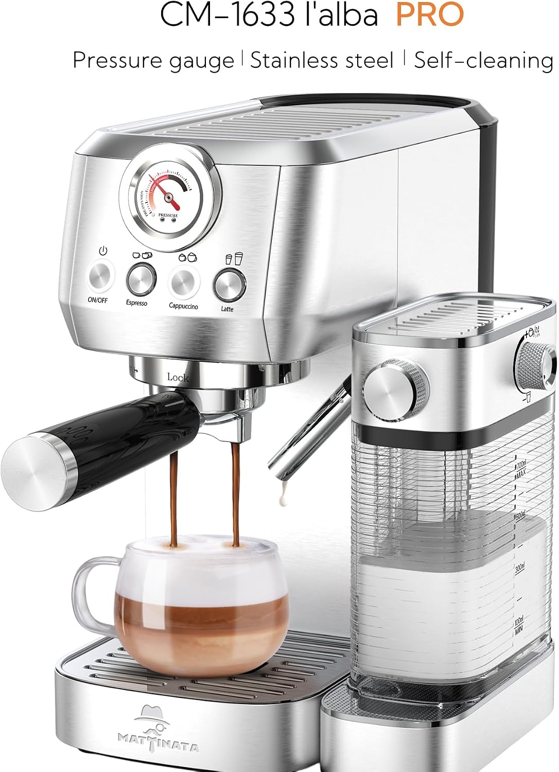 MAttinata 1633L Espresso Machine, Cappuccino Machine with Auto Milk Frother | 20 Bar Coffee Maker, Italian Pump, Fast Heating, Self Cleaning