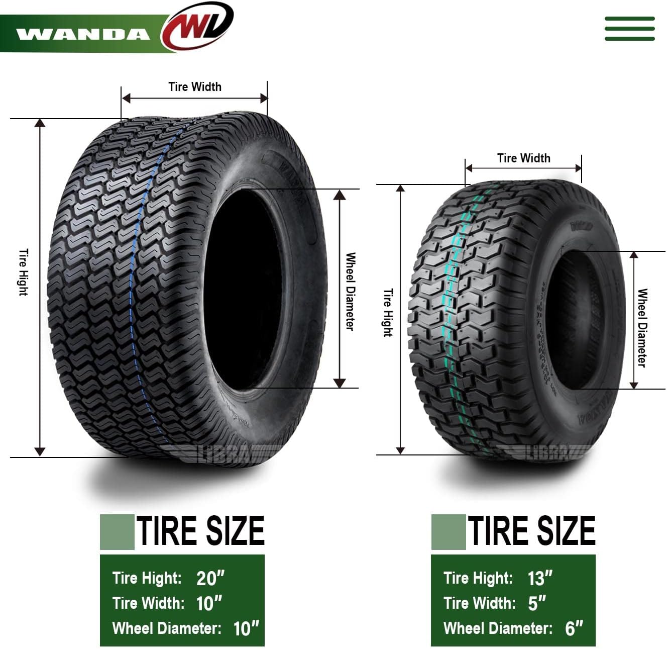 WANDA Set 4 Lawn Mower Turf Tires 16x6.5-8 & 23x10.5-12 /4PR -13019/13049 | Riding Lawn Mover, Garden Tractor