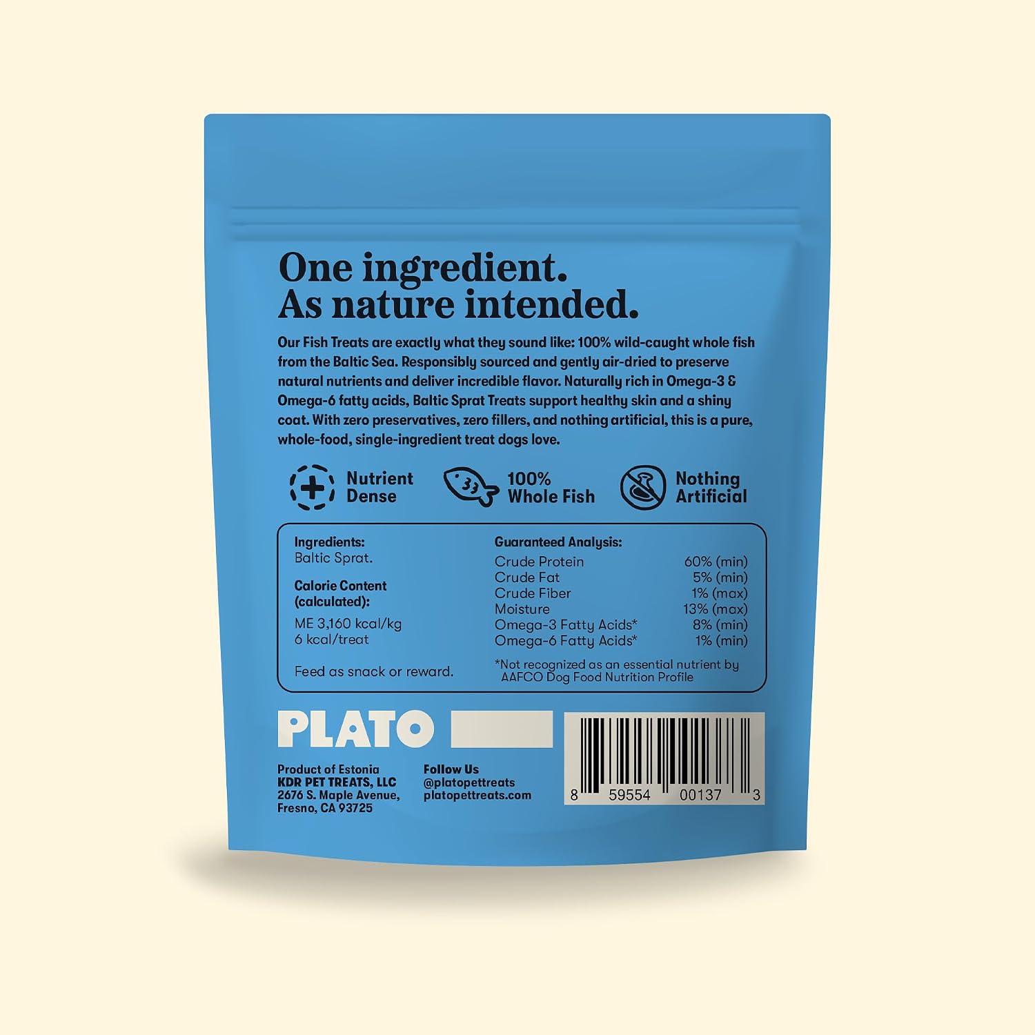 PLATO Single Ingredient Wild-Caught Baltic Sprat Dog Treats, Air-Dried Whole Fish, Omega-Rich Skin & Coat Support, 3 oz