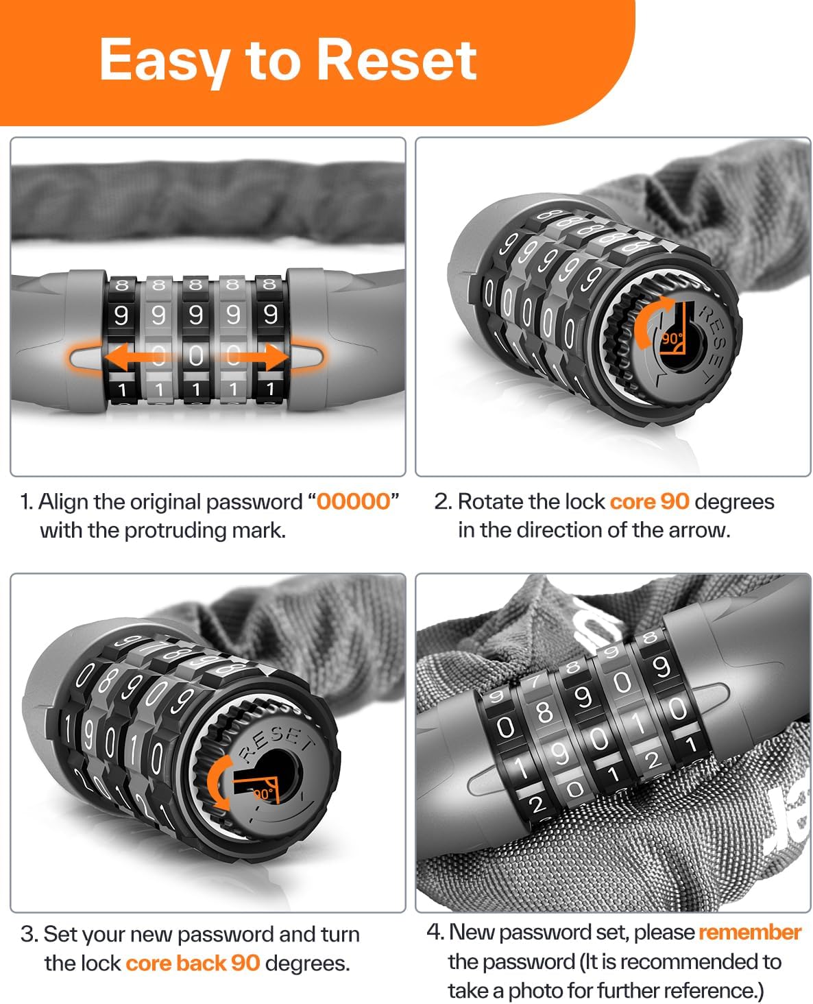 Sportneer Bike Lock: 5 Digit Combination High Security Anti Theft Bike Chain Lock - 3.2/3.6/4ft Heavy Duty Keyless Bicycle Lock for Bike, Motorcycle, Scooter, Door & Gate - 4/6mm Thick, Easy to Use