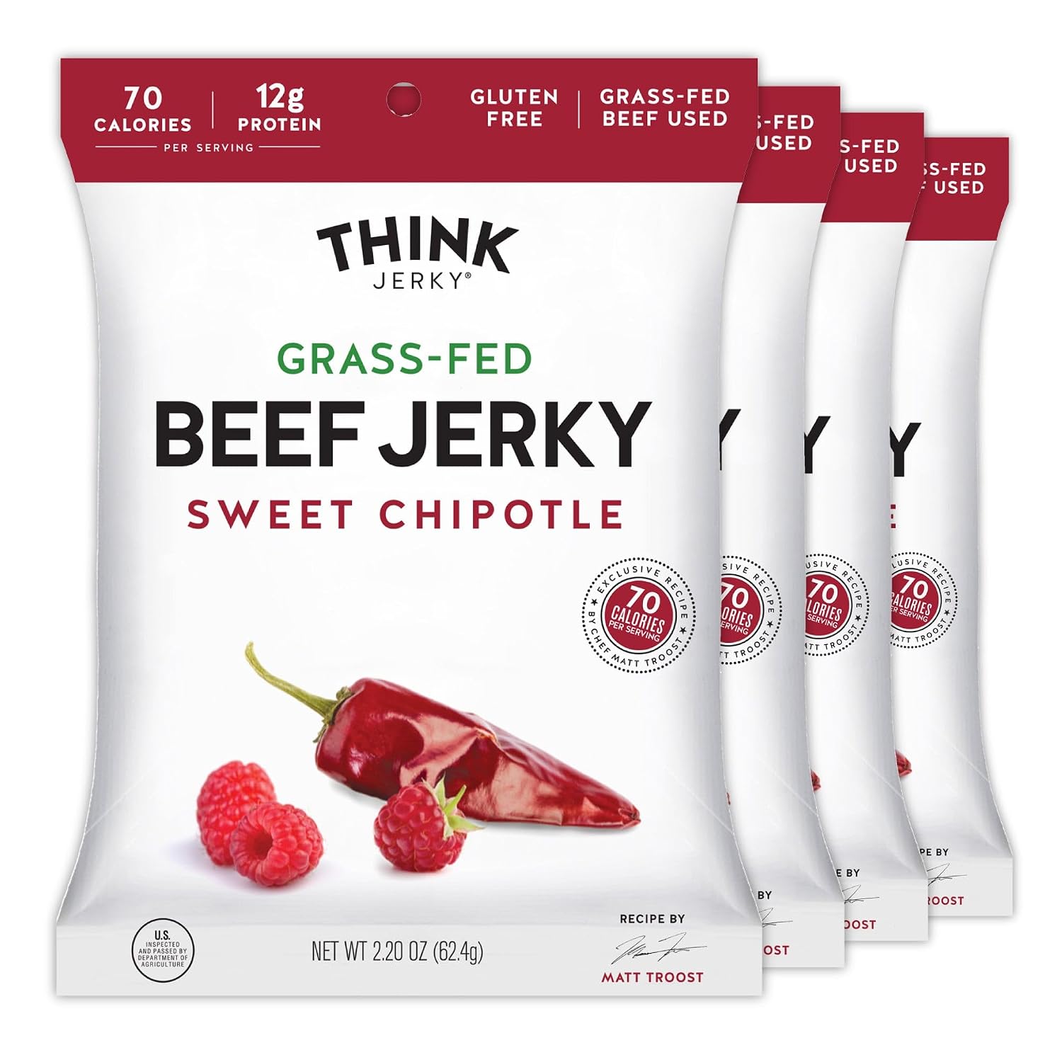 Think Jerky Sesame Teriyaki Beef Jerky, Grass-Fed High Protein Beef Jerky, Gluten Free, No Antibiotics or Nitrates, Healthy Chef Crafted Recipe, Low Calorie and Low Fat - 2.2 oz Bags, 4 Pack