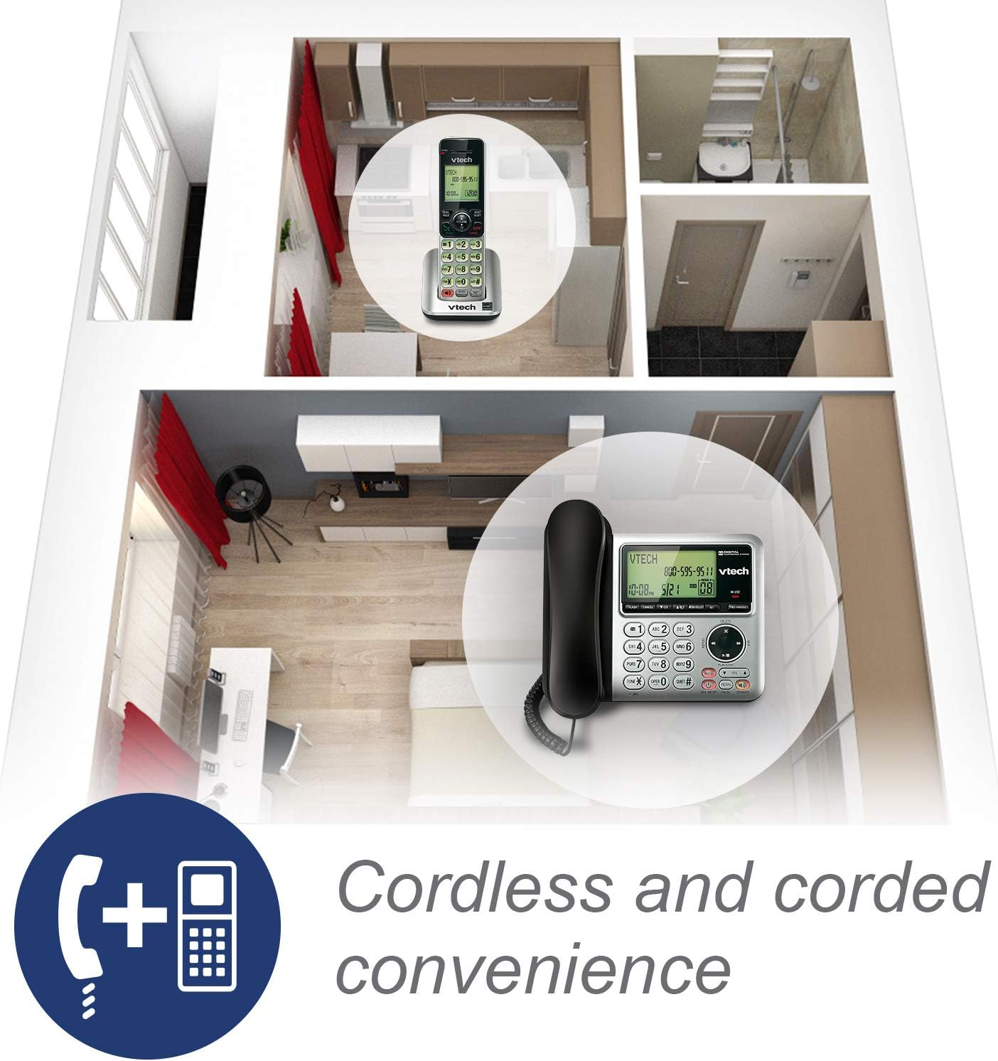 VTech CS6649 DECT 6.0 Expandable Corded/Cordless Phone with Answering System and Caller ID/Call Waiting, Silver/Black with 1 Handset