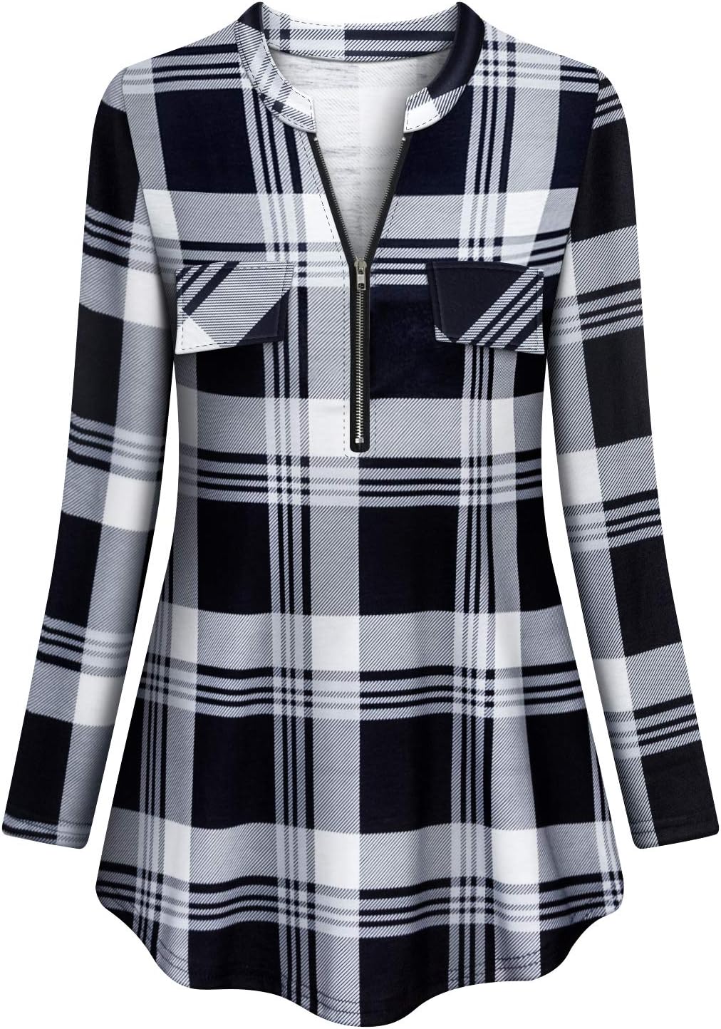 Tanst Sky Womens Casual Long Sleeve Zipped V Neck Plaid Tunic Blouses