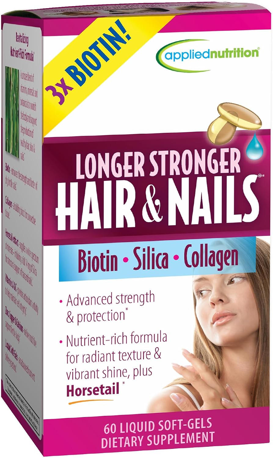 Applied Nutrition Longer Stronger Hair & Nails - 60 Liquid Soft-Gels, Pack of 6 - Biotin, Silica & Collagen - 180 Servings | Biotin | Silica & Collagen | Hair & Nail Support | 6 X 60 Softgels