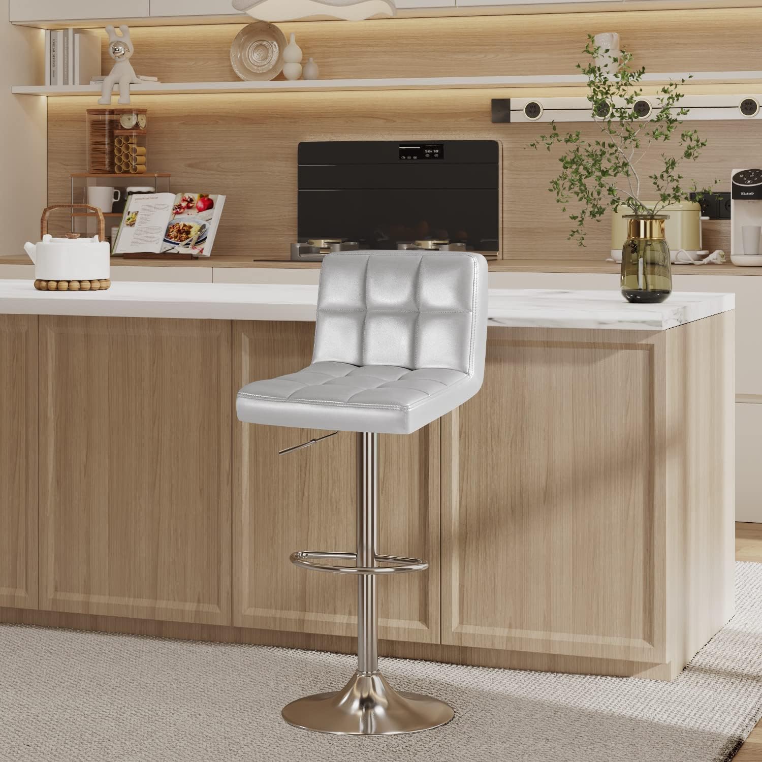Furmax Bar Stools Modern Pu Leather Swivel Adjustable Hydraulic Bar Stool Square Counter Height Stool Set of 2 (White)