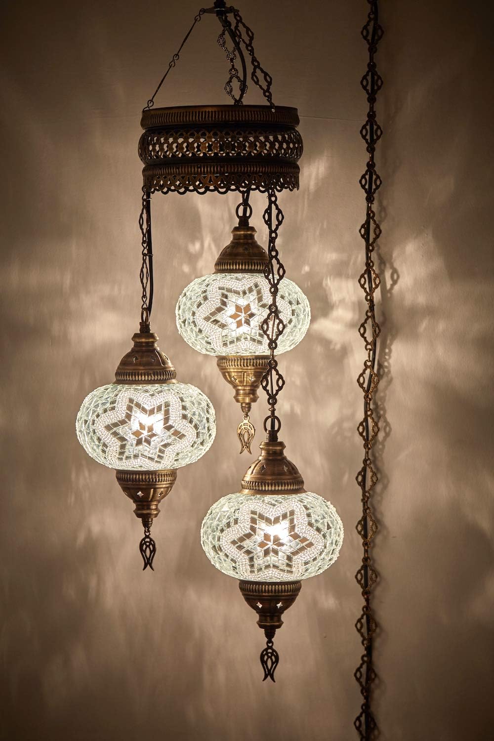 DEMMEX 3 Large Globe Plug-in Turkish Moroccan Mosaic Chandelier, Hanging Lamp, Ceiling Light Fixture with 15ft Cord & Chain for Living Room