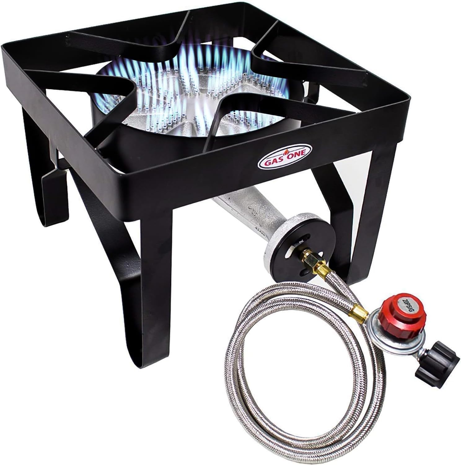 GasOne 200K BTU Propane Burner – Heavy-Duty Propane Stove – Outdoor Burner with Adjustable 0-20Psi Regulator and Steel Braided Hose – Ideal
