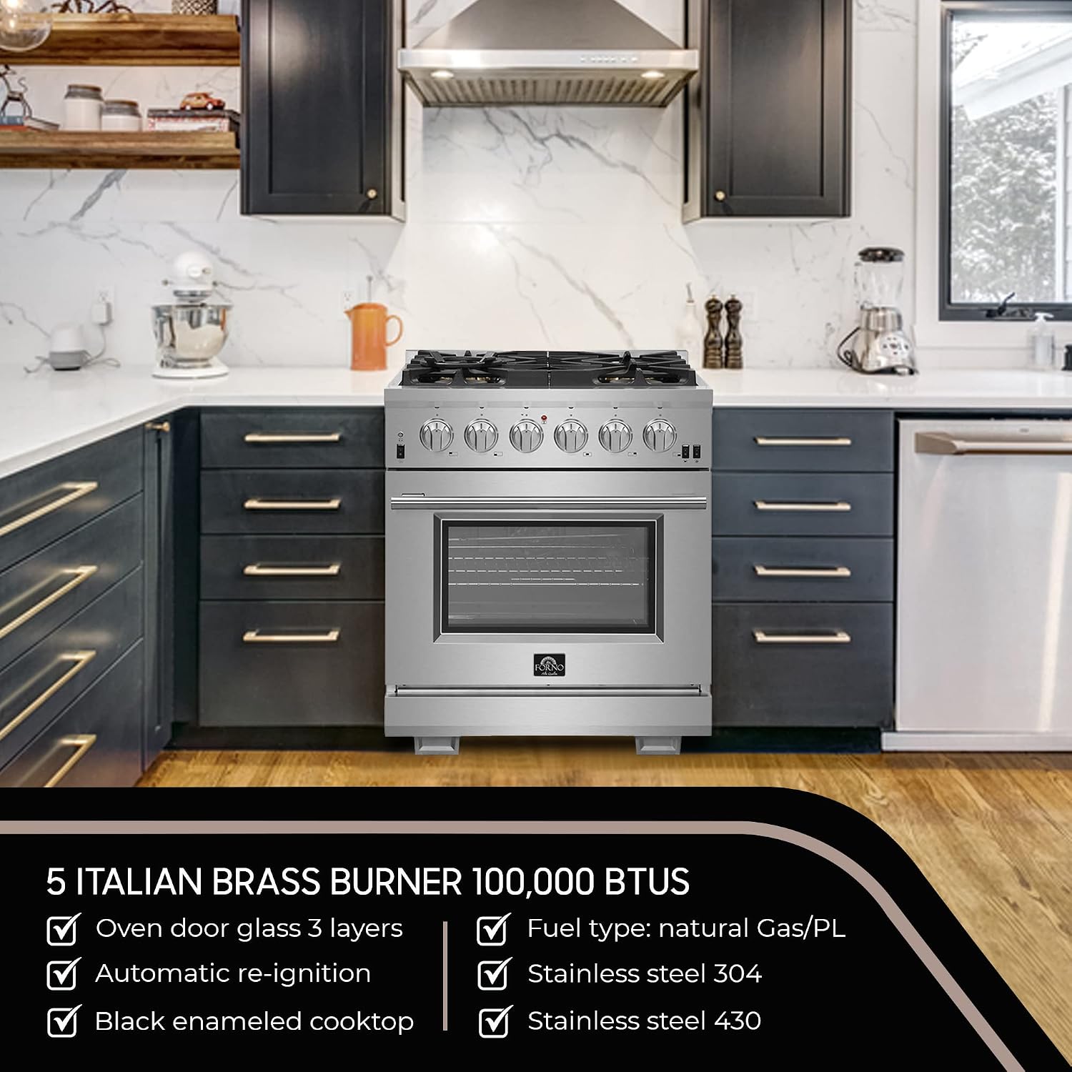 FORNO Capriasca Full Gas 30" Inch. Freestanding Range with 5 Sealed Burners Cooktop - 4.32 Cu.Ft. Gas Convection Oven Capacity