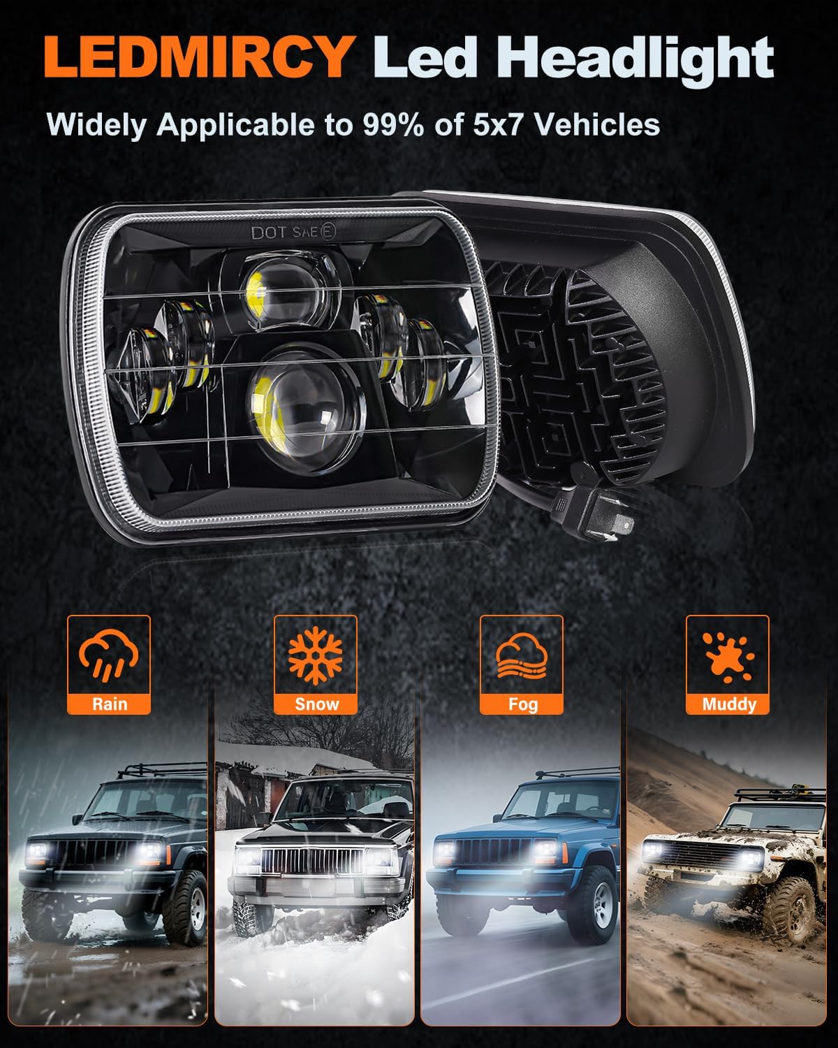 LEDMIRCY 5x7 LED Headlights, H6054 LED Headlights Hi/Lo Sealed Beam 2PCS
