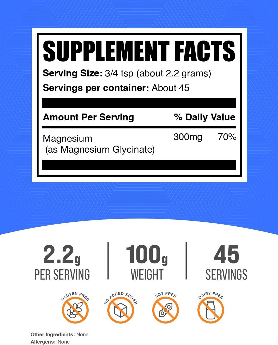 BulkSupplements.com Magnesium Glycinate Powder - Magnesium Glycinate 300mg, Highly Absorbable - Gluten Free, 2.2g per Serving, 500g (1.1 lbs) (Pack of 1)