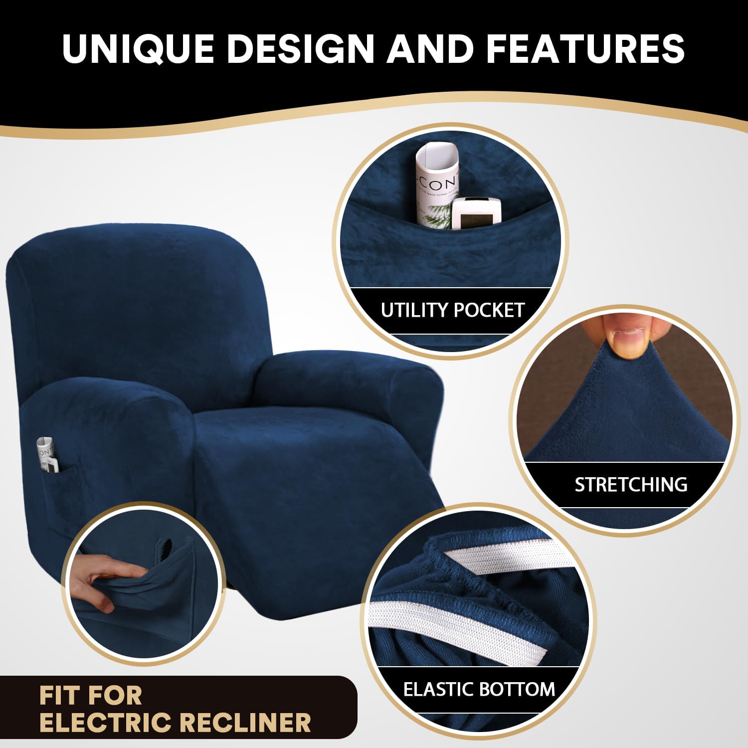 PrinceDeco Recliner Chair Cover Velvet Stretch Recliner Couch Covers 4-Pieces Style Recliner Chair Covers Recliner Cover for Reclining Chair
