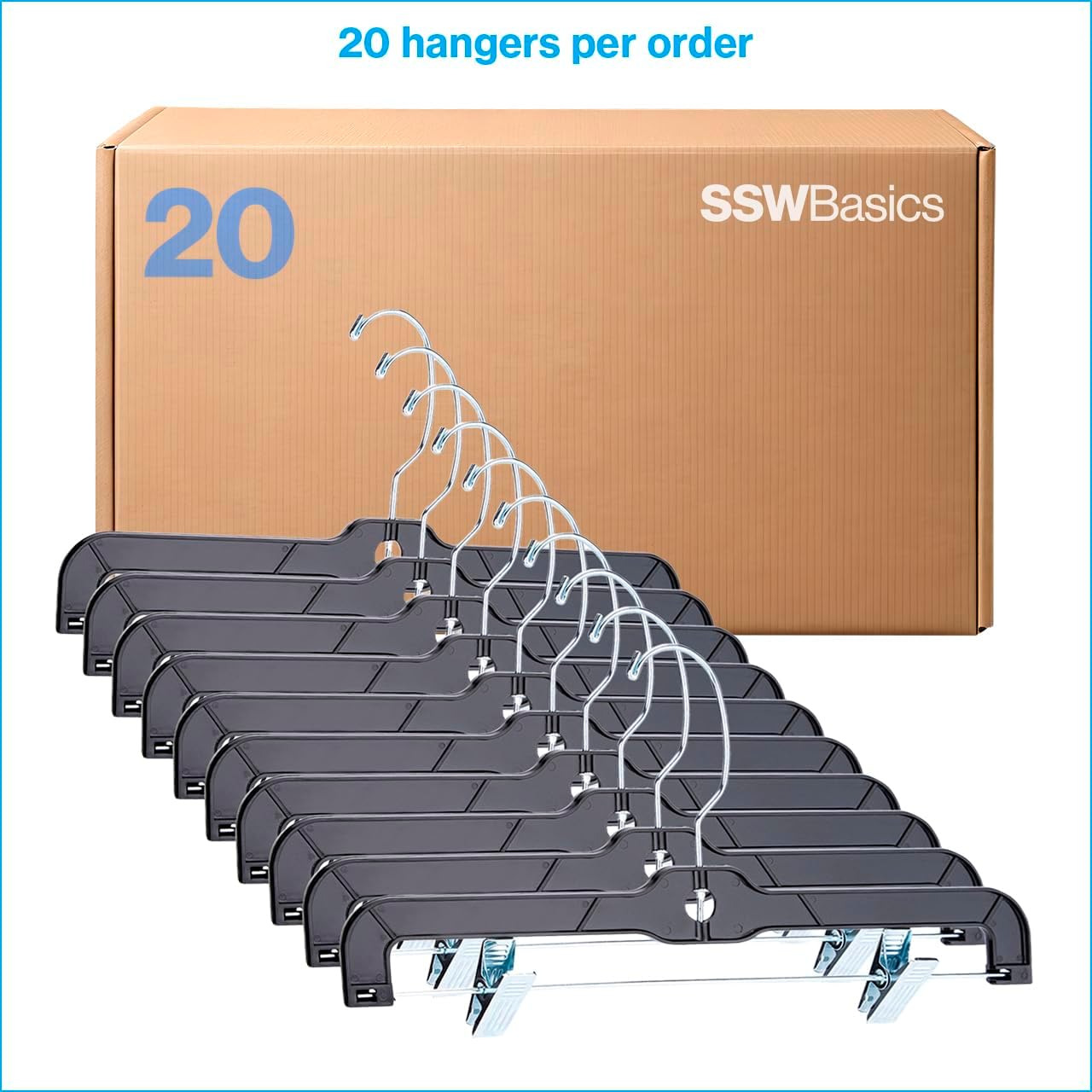 14-Inch Black Plastic Skirt and Pants Hangers - Pack of 20 with Chrome Swivel Hook, Padded Clips - Perfect for Retail and Home Use