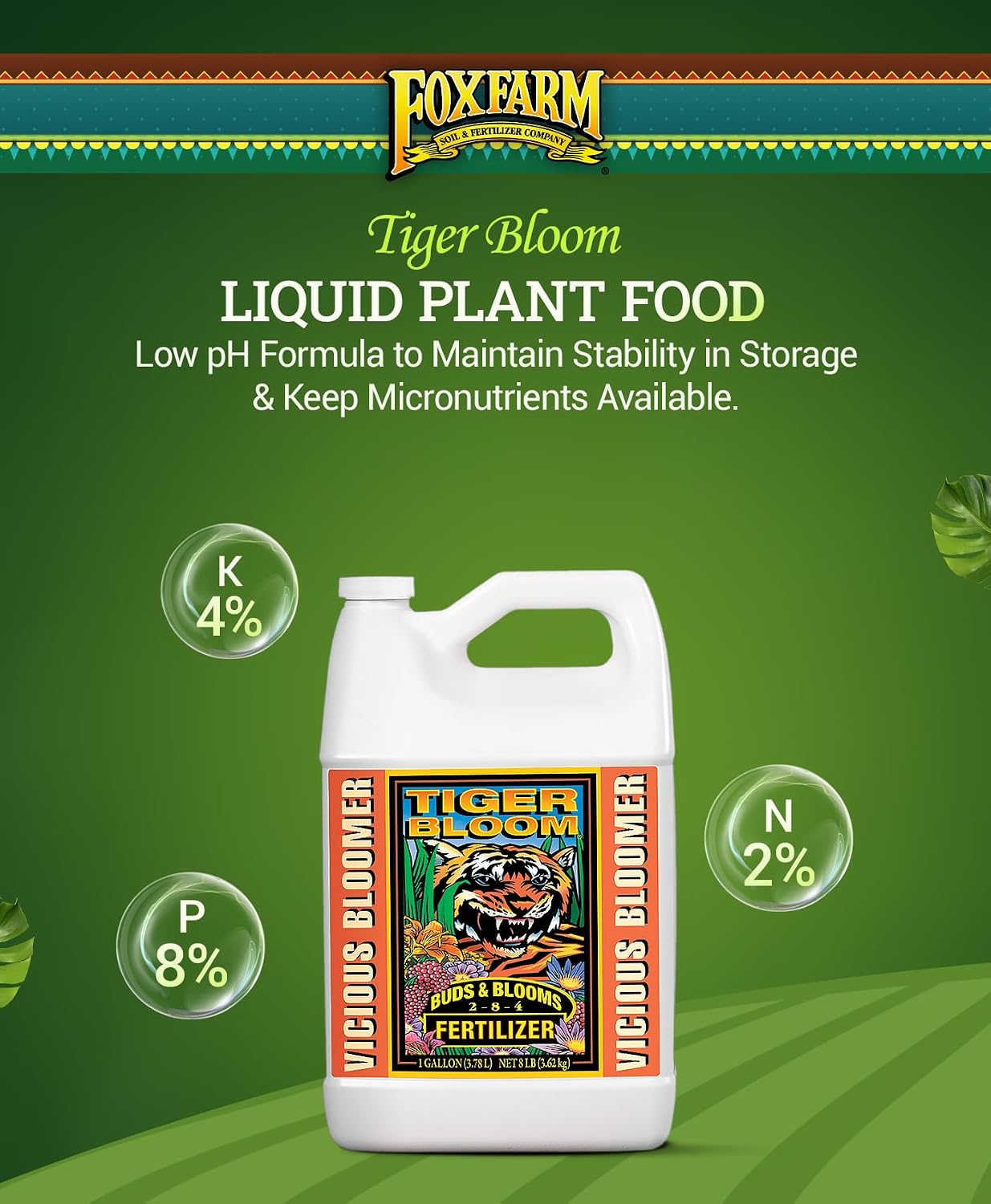 FoxFarm Tiger Bloom Liquid Plant Food - Phosphorus Fertilizer for Buds, Blooms & Flowering - Supports Soil & Hydroponic Systems - High Micronutrient Formula with 2-8-4 Nutrient Ratio - 1 Quart