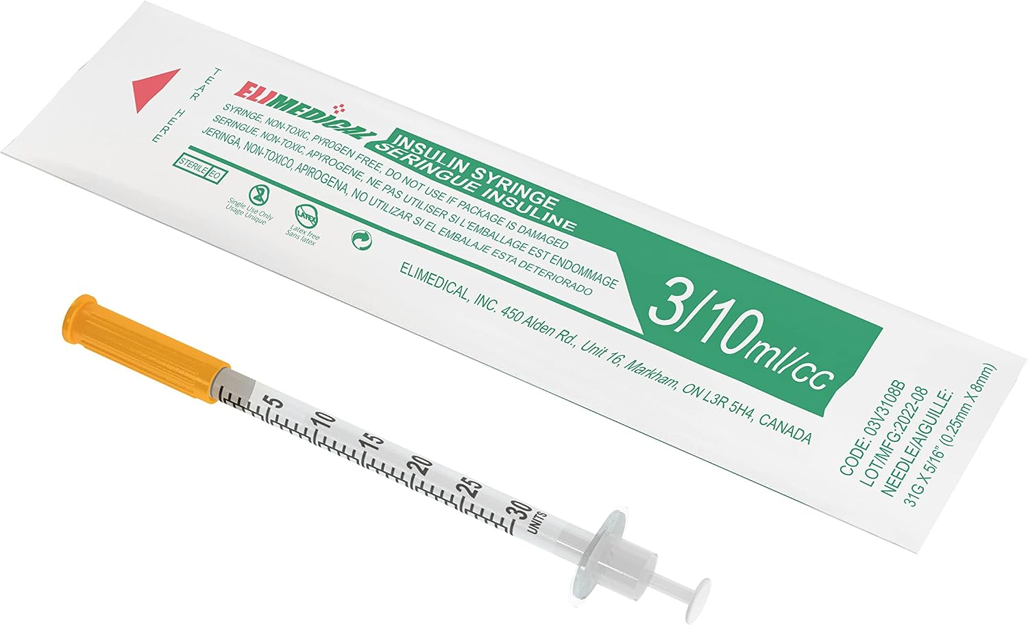 Elimedical Veterinary Insulin Syringe U-100 0.3cc (ml), 31G x 5/16 inch (7.9mm), Individually Packed, for Pet Cat or Dog, 100 per box, 03V3108B