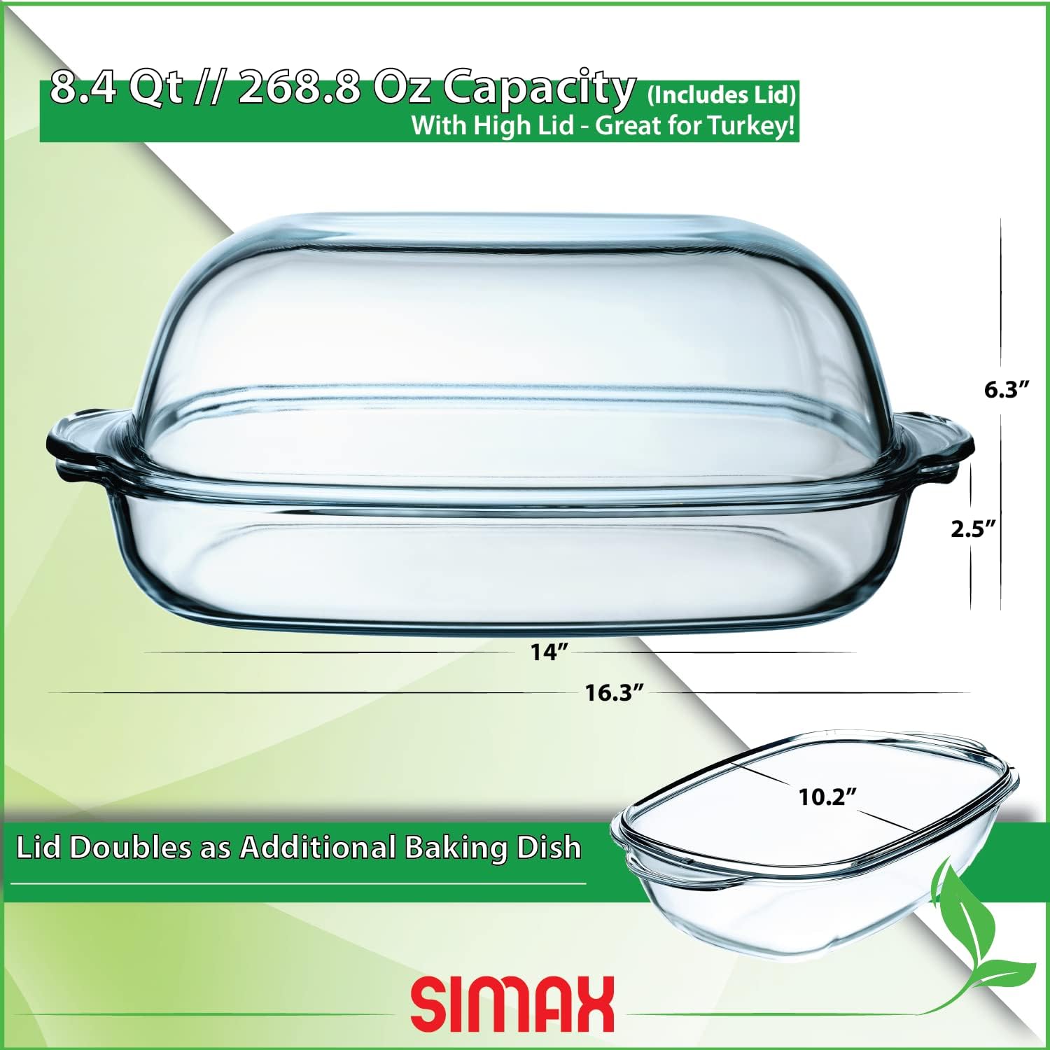 Simax Roaster Dish With High Lid Set, 8 Quart Glass Baking Dish