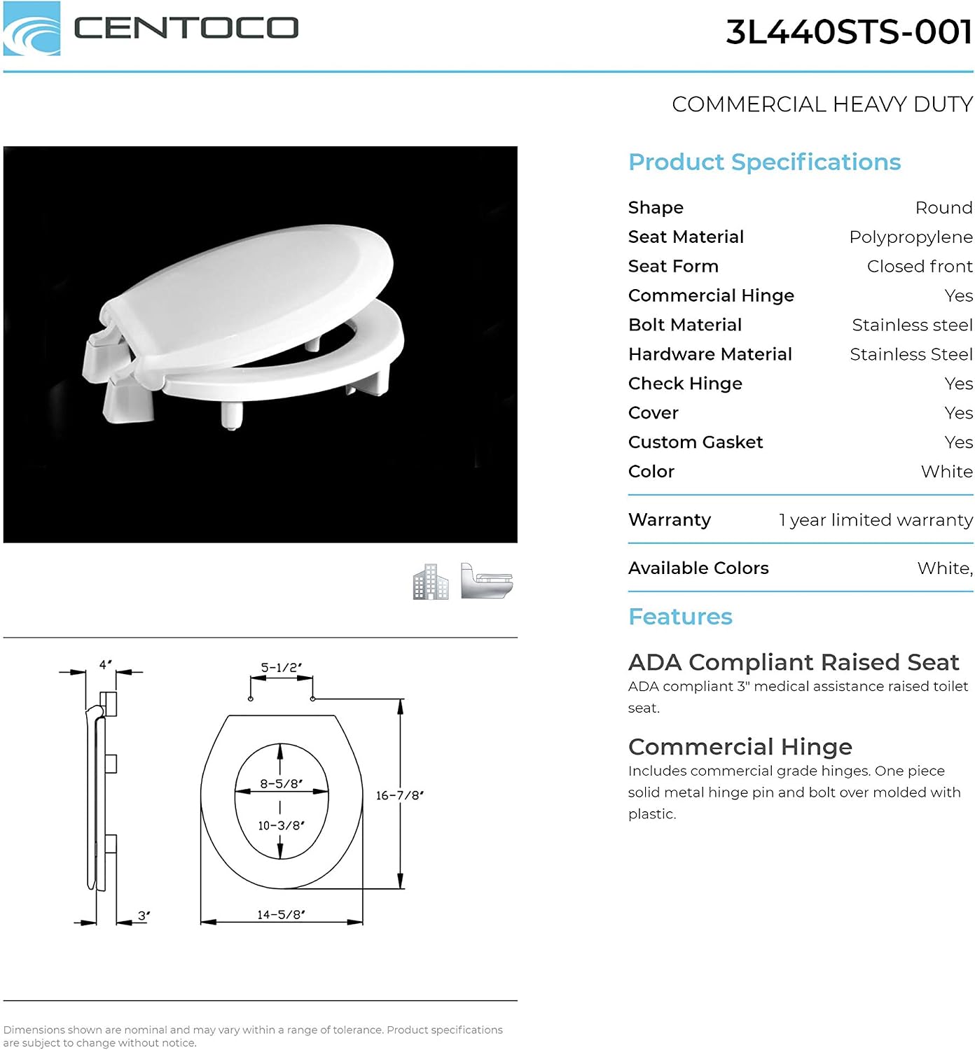 Centoco 3 inch Raised Toilet Seat for Seniors, Elongated, White | Closed Front, Cover, Plastic, 3L800STS-001, Made in the USA