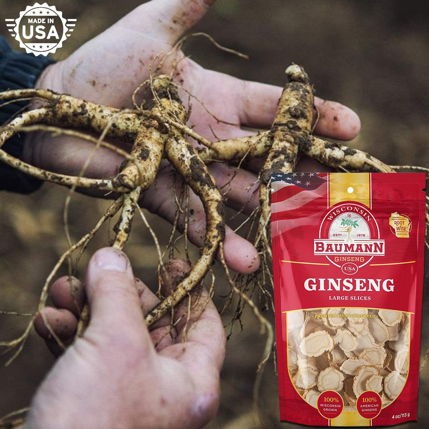 Baumann Wisconsin Ginseng - Medium Slices 4 oz - 100% Natural Panax Ginseng Herb, Pure Dried American Ginseng for Enhanced Focus & Energy
