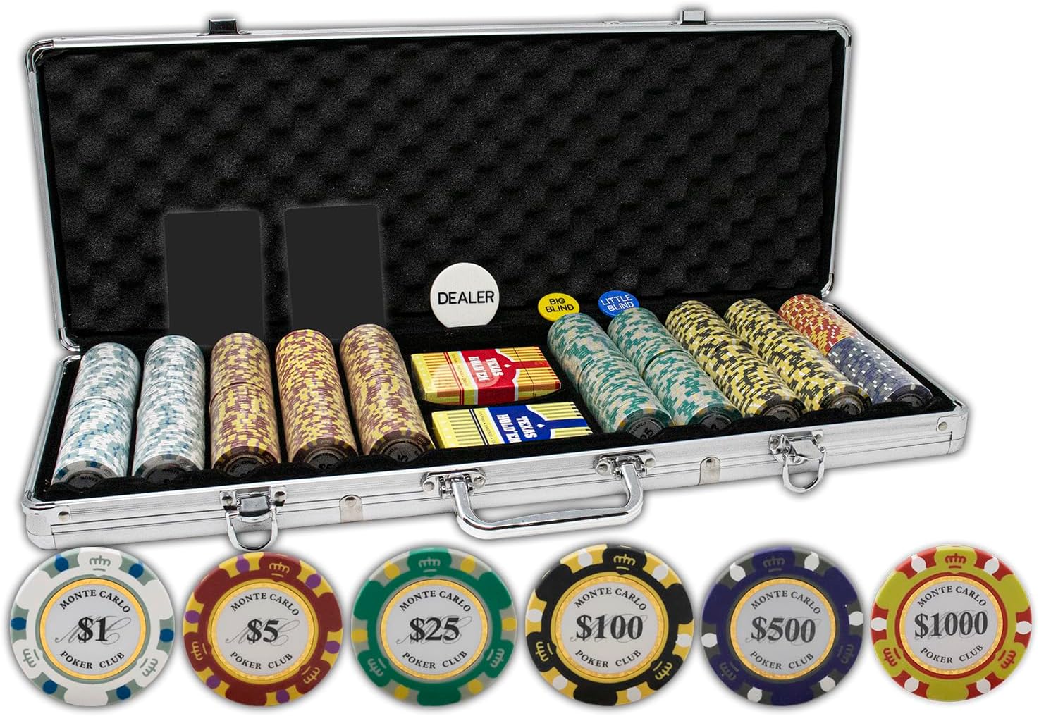 DA VINCI Monte Carlo Poker Club Set of 500 14 Gram 3 Tone Chips with Upgraded Aluminum Case, 2 Decks of Plastic Playing Cards, 2 Cut Cards