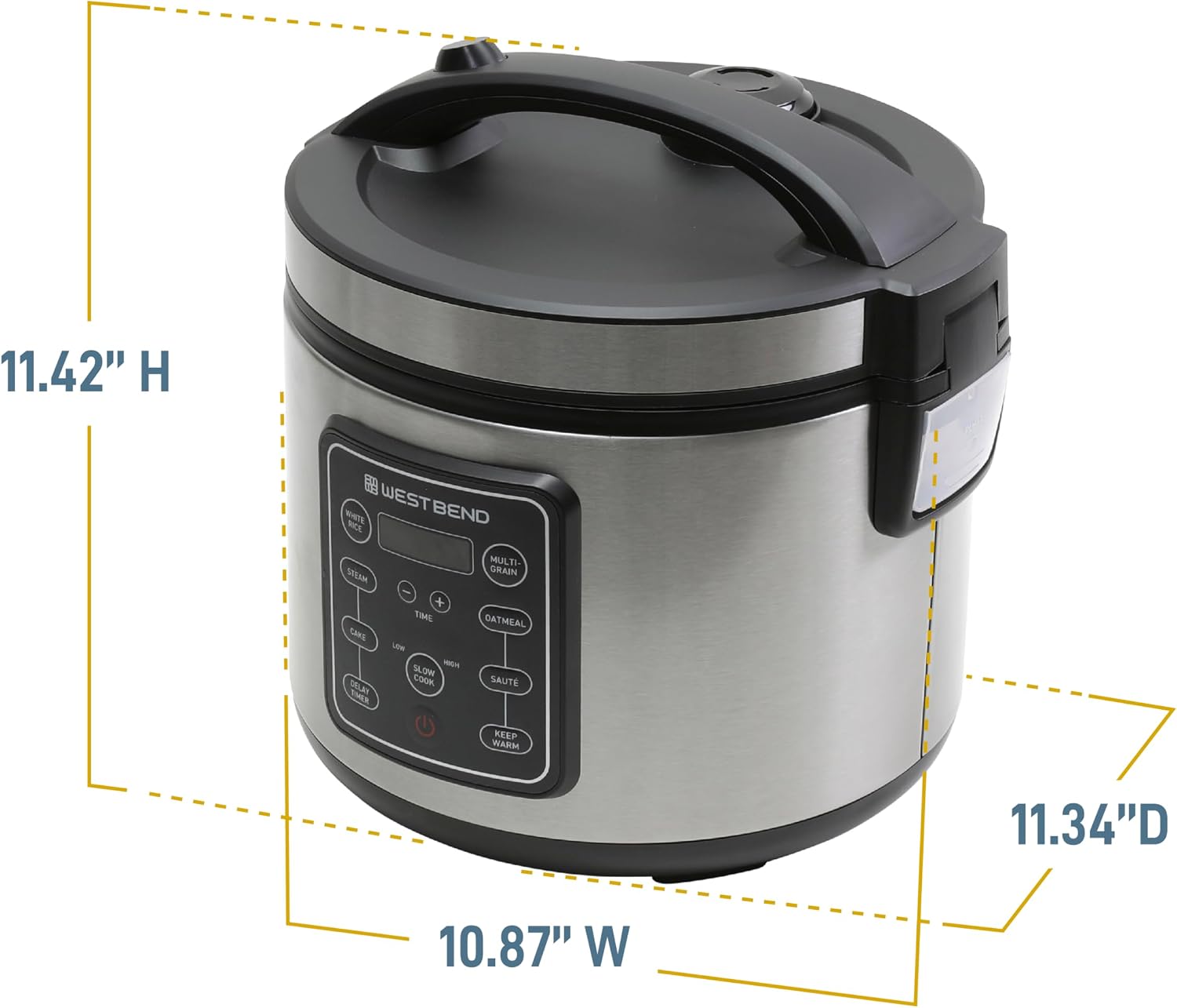 West Bend Rice & Grain Multi Cooker Programmable with 9 Preset Functions, Features Delay Start and Keep Warm Functions and Steam Basket, 20 Cups Cooked (10 cups uncooked), Stainless Steel